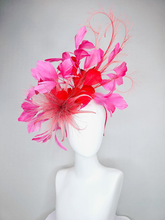 kentucky derby hat fascinator light red spiky feather flower, cherry scarlet red and pink branching feathers and light red feather curls