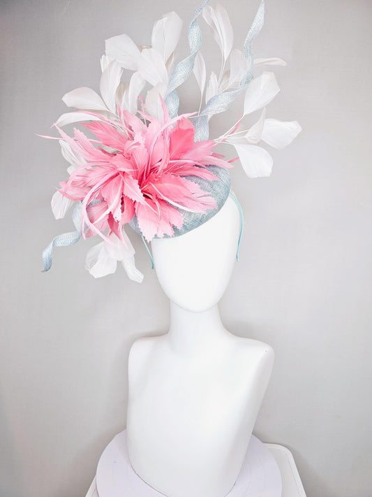 kentucky derby hat fascinator light blue sinamay with fluffy light pink zigzag feathers, light blue sinamay curls, white branching feathers