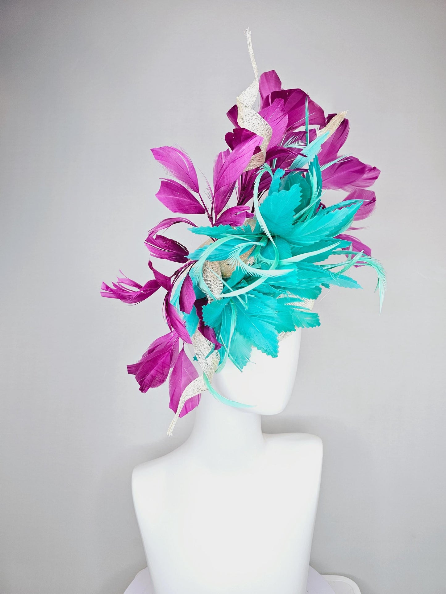 kentucky derby hat fascinator white sinamay, fluffy aqua blue green zigzag feathers, white sinamay curls, magenta purple branching feathers