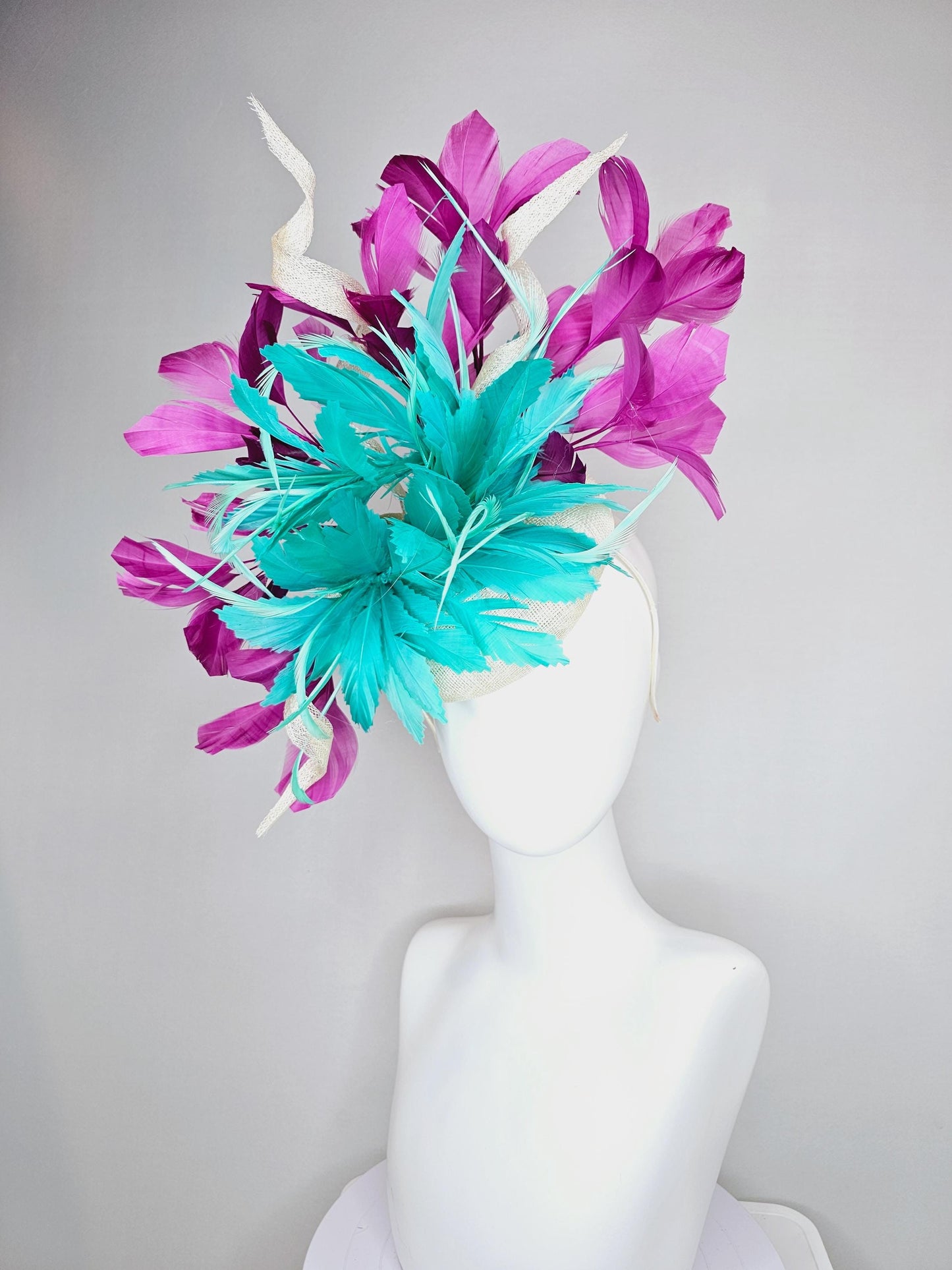 kentucky derby hat fascinator white sinamay, fluffy aqua blue green zigzag feathers, white sinamay curls, magenta purple branching feathers