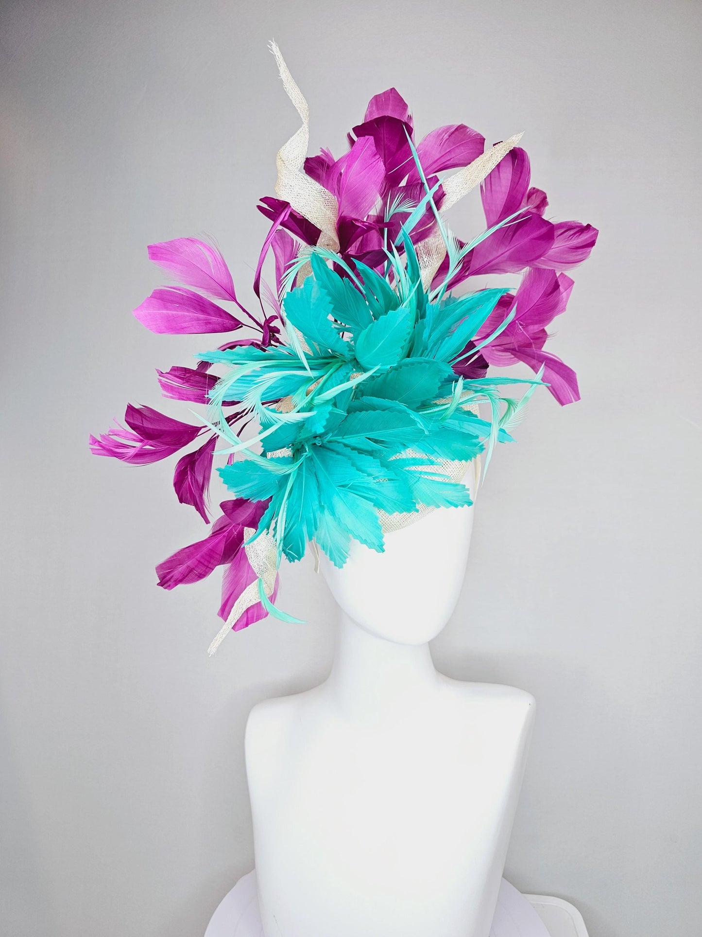 kentucky derby hat fascinator white sinamay, fluffy aqua blue green zigzag feathers, white sinamay curls, magenta purple branching feathers