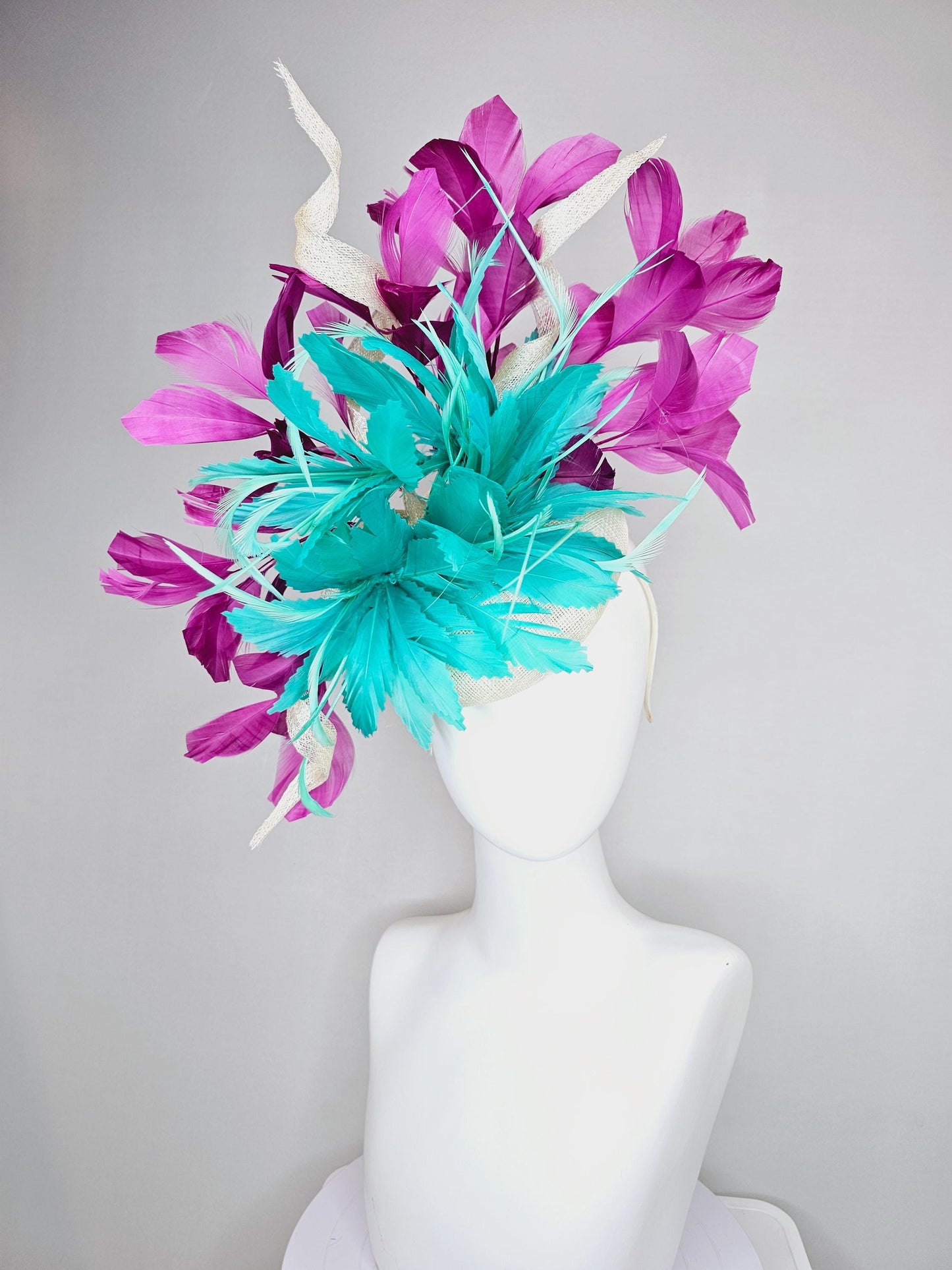 kentucky derby hat fascinator white sinamay, fluffy aqua blue green zigzag feathers, white sinamay curls, magenta purple branching feathers