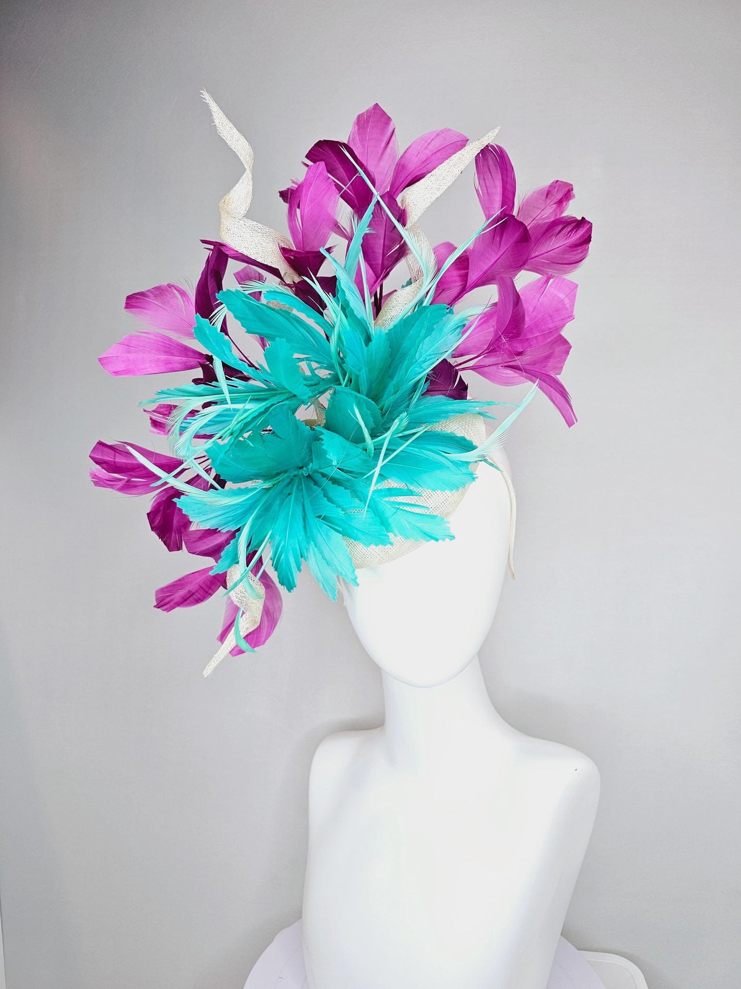 kentucky derby hat fascinator white sinamay, fluffy aqua blue green zigzag feathers, white sinamay curls, magenta purple branching feathers