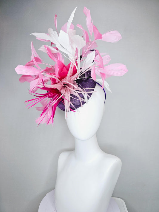 kentucky derby hat fascinator purple sinamay with bow and hot bright pink, light pink, blush pink, white branching feathers