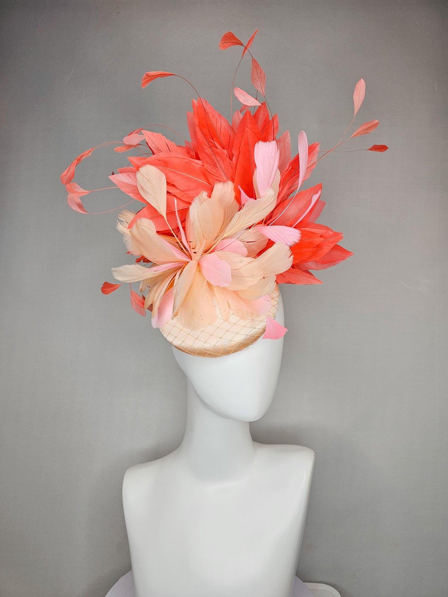 kentucky derby hat fascinator neutral beige satin with netting, fluffy neutral beige, light pink, coral orange branching feathers