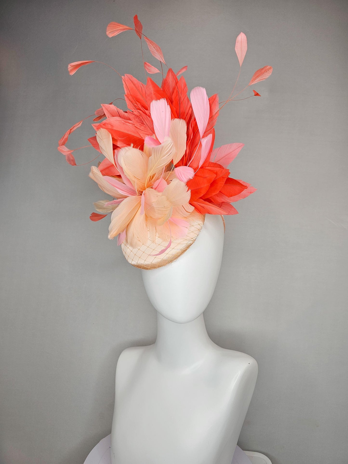 kentucky derby hat fascinator neutral beige satin with netting, fluffy neutral beige, light pink, coral orange branching feathers