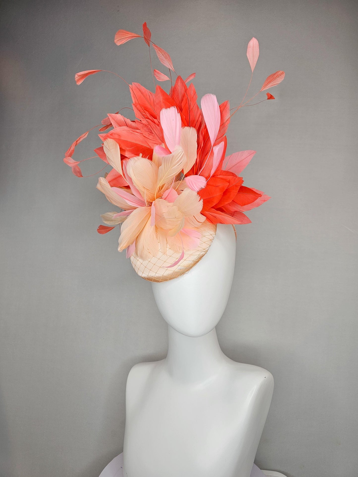 kentucky derby hat fascinator neutral beige satin with netting, fluffy neutral beige, light pink, coral orange branching feathers