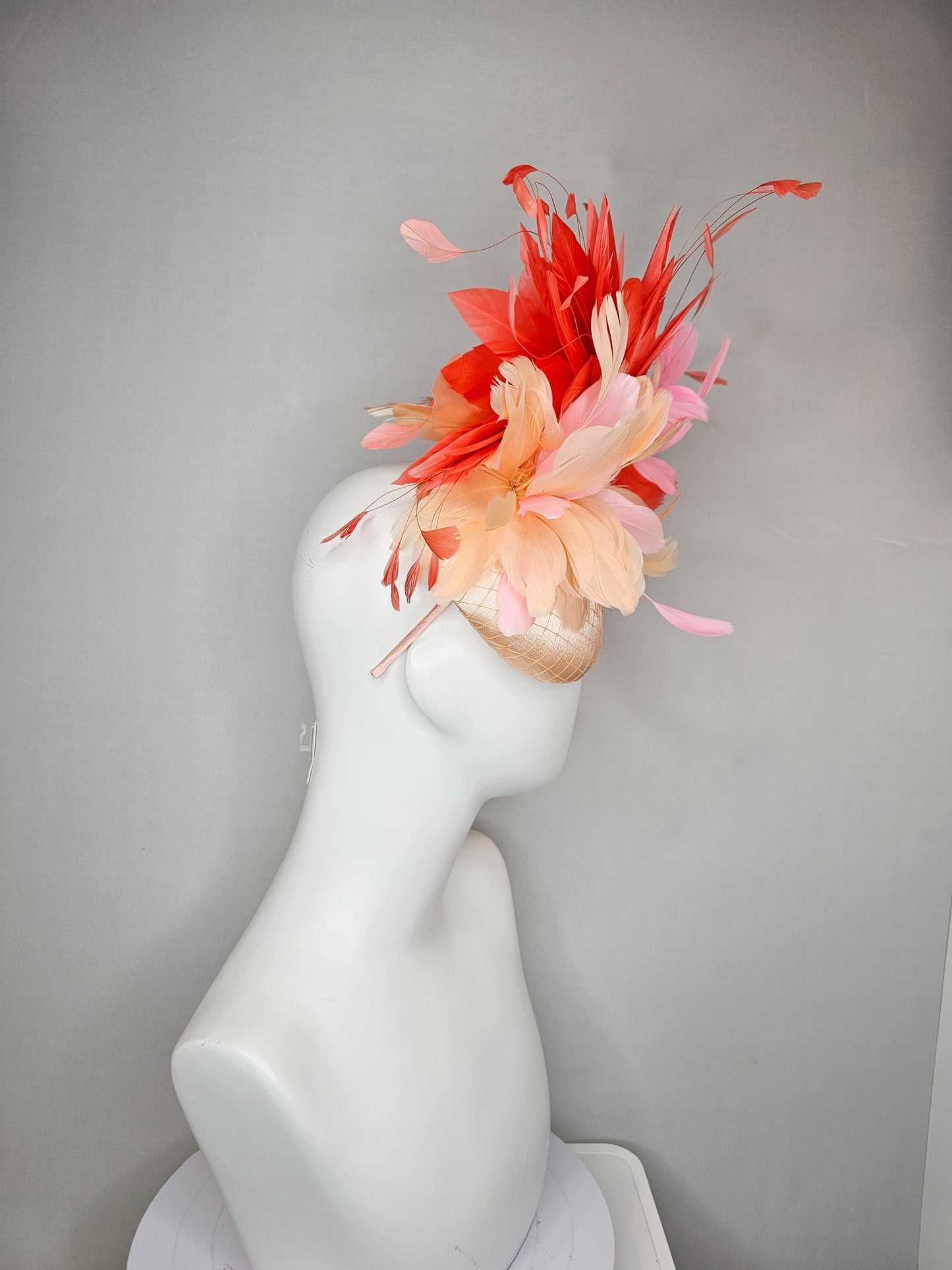 kentucky derby hat fascinator neutral beige satin with netting, fluffy neutral beige, light pink, coral orange branching feathers