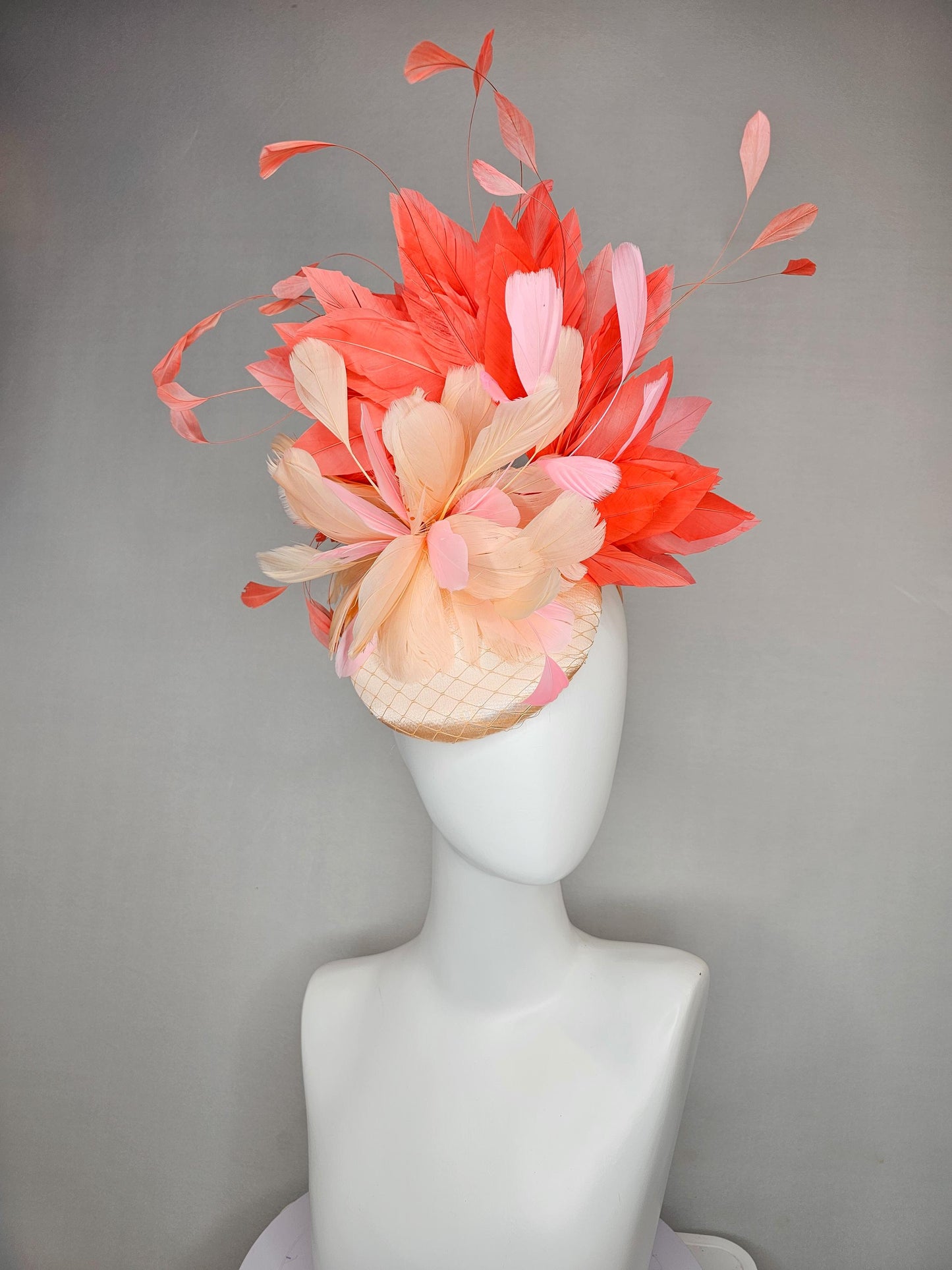 kentucky derby hat fascinator neutral beige satin with netting, fluffy neutral beige, light pink, coral orange branching feathers