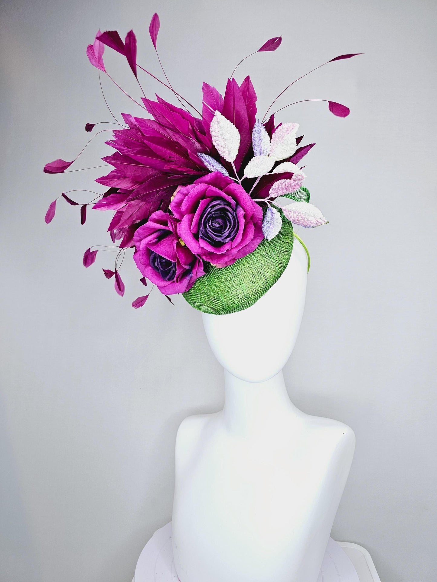 kentucky derby hat fascinator lime green sinamay with magenta purple satin rose flowers,light pink leaves,magenta purple branching feathers