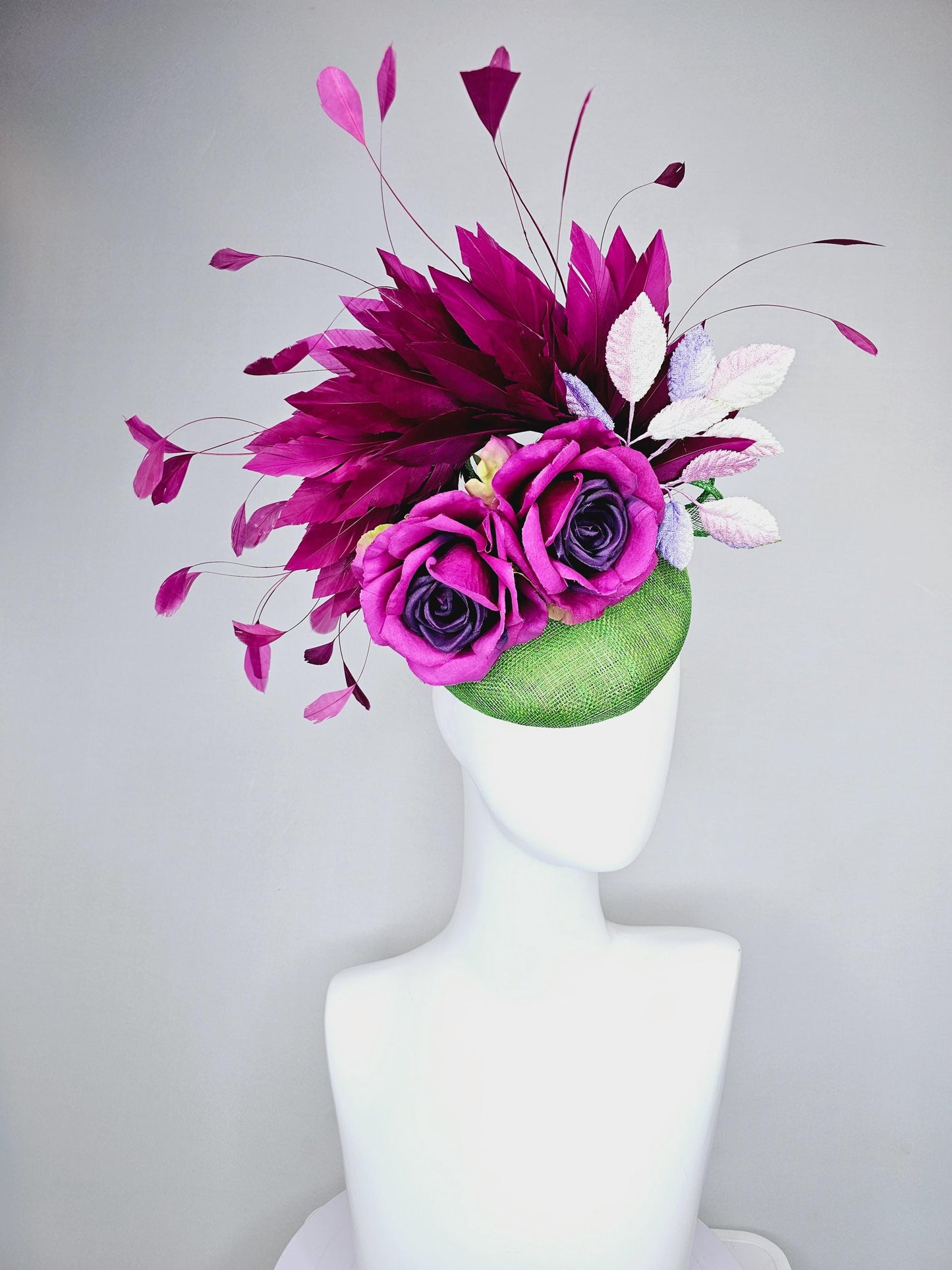 kentucky derby hat fascinator lime green sinamay with magenta purple satin rose flowers,light pink leaves,magenta purple branching feathers