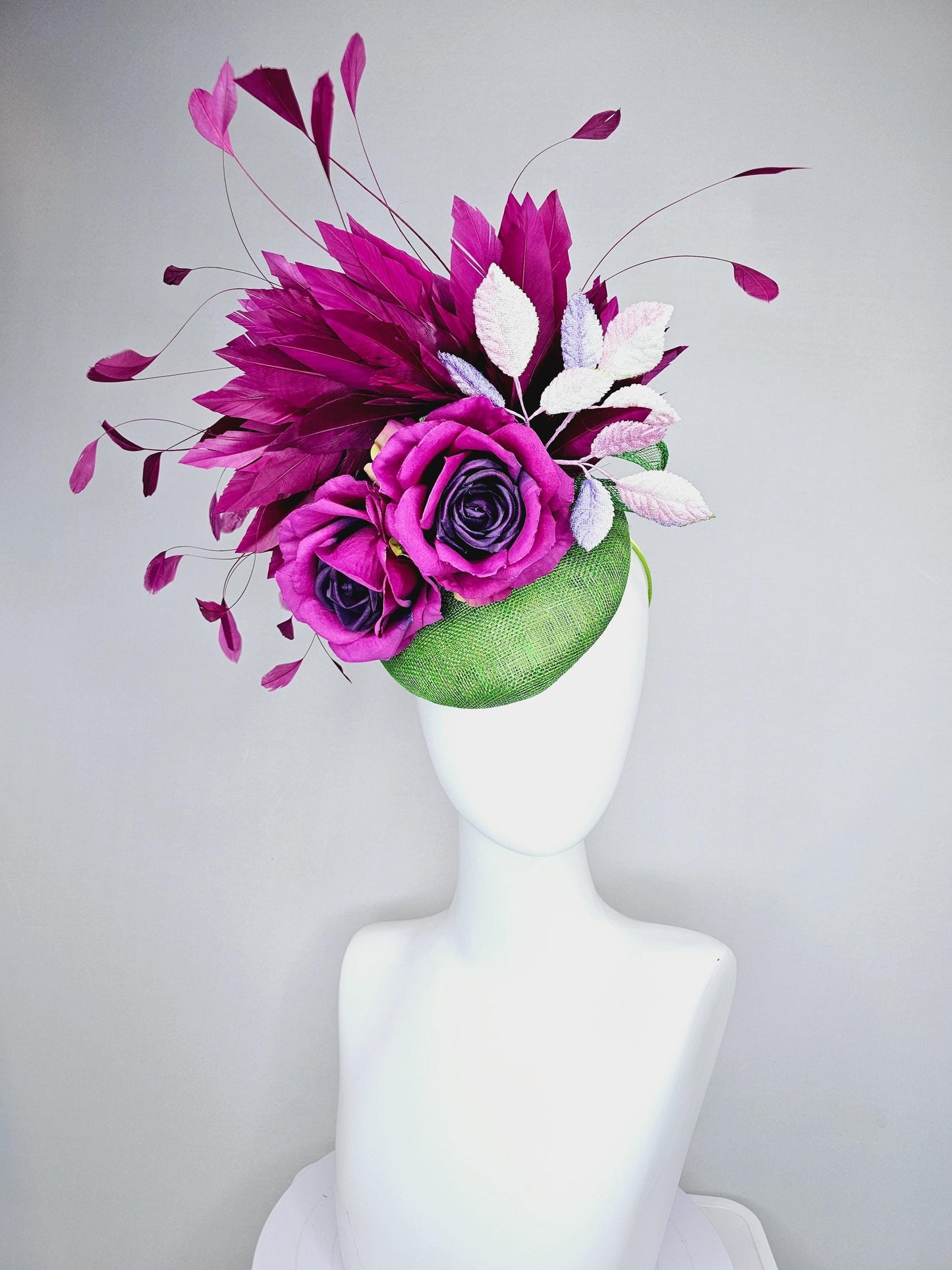 kentucky derby hat fascinator lime green sinamay with magenta purple satin rose flowers,light pink leaves,magenta purple branching feathers