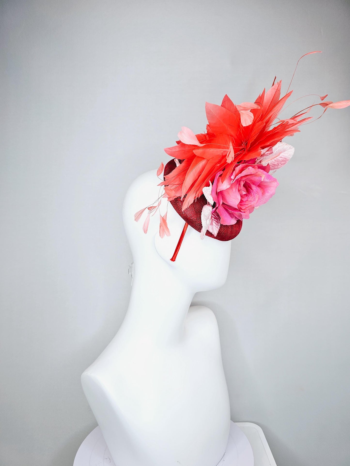 kentucky derby hat fascinator red burgundy wine sinamay with ombre pink satin rose flower,light pink leaves,coral orange branching feathers