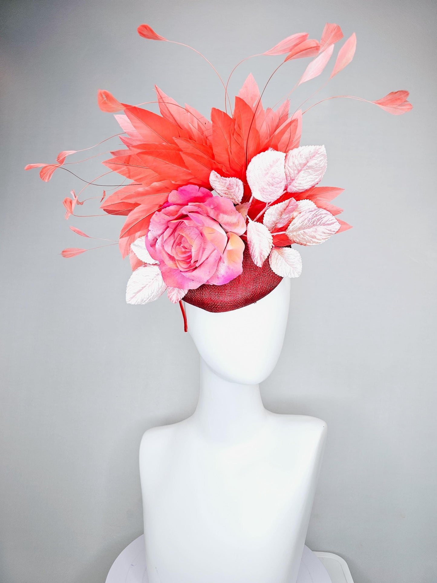 kentucky derby hat fascinator red burgundy wine sinamay with ombre pink satin rose flower,light pink leaves,coral orange branching feathers