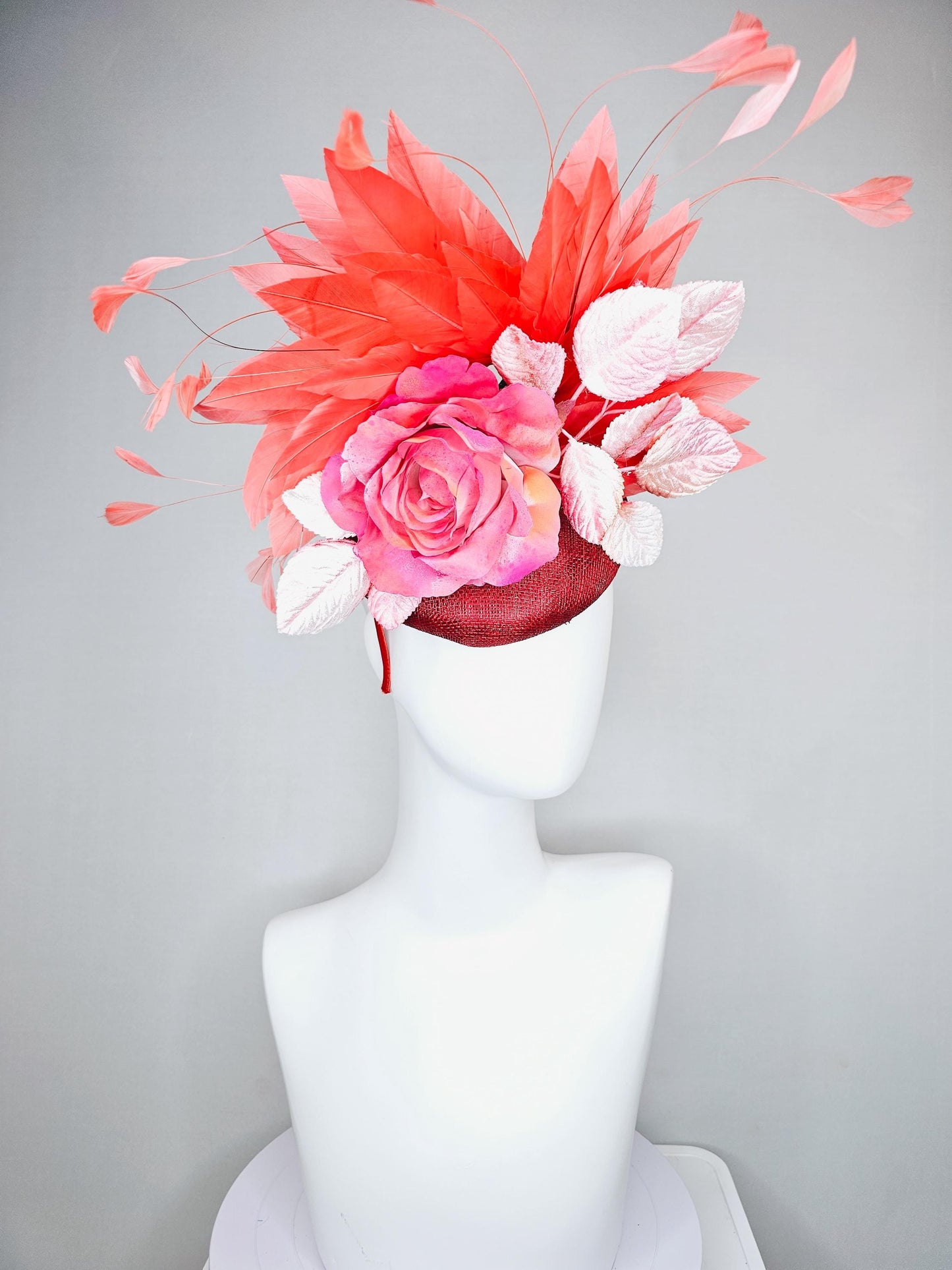 kentucky derby hat fascinator red burgundy wine sinamay with ombre pink satin rose flower,light pink leaves,coral orange branching feathers