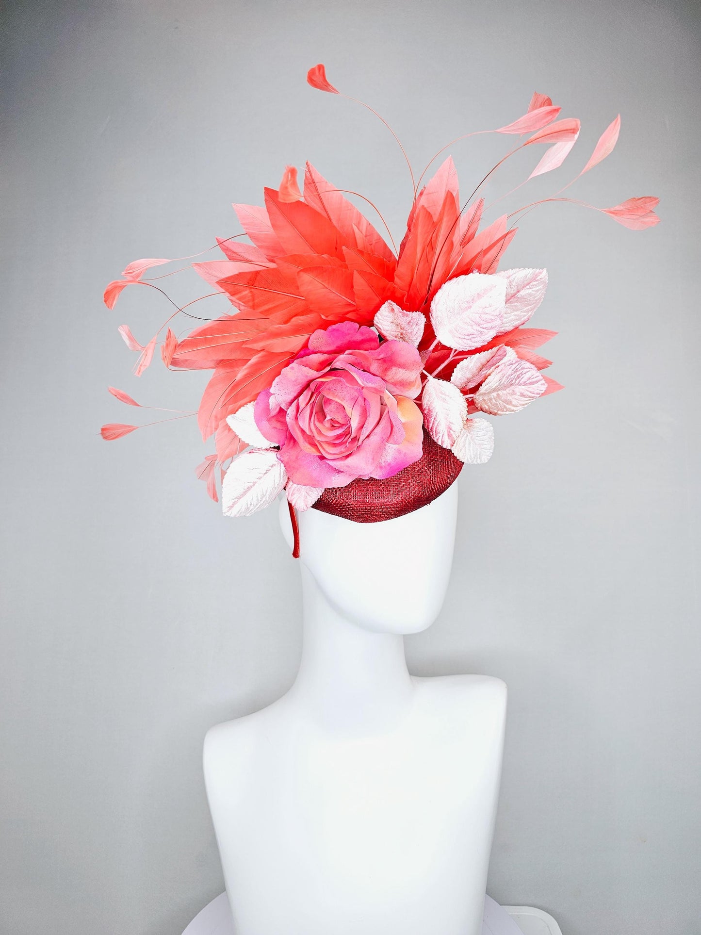 kentucky derby hat fascinator red burgundy wine sinamay with ombre pink satin rose flower,light pink leaves,coral orange branching feathers