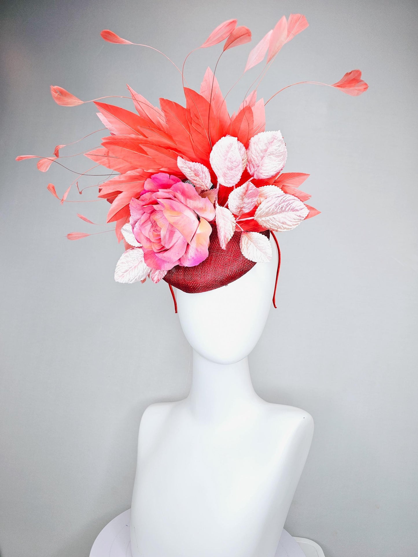 kentucky derby hat fascinator red burgundy wine sinamay with ombre pink satin rose flower,light pink leaves,coral orange branching feathers