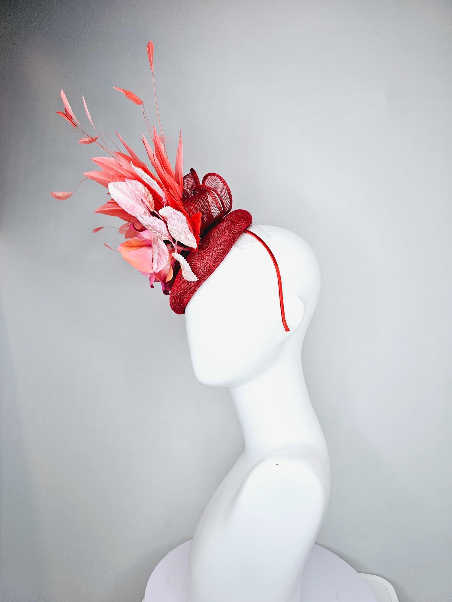 kentucky derby hat fascinator red burgundy wine sinamay with ombre pink satin rose flower,light pink leaves,coral orange branching feathers