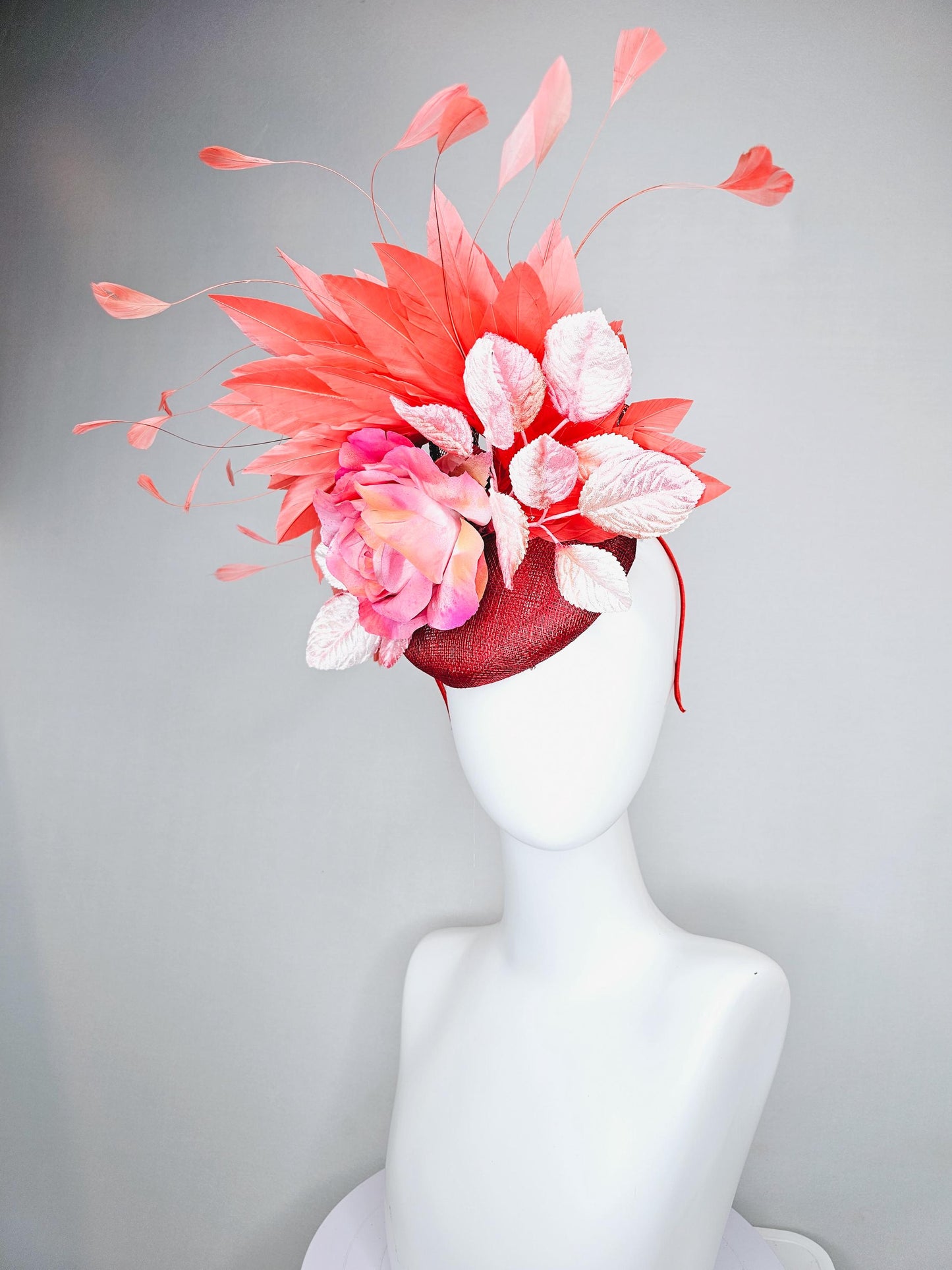 kentucky derby hat fascinator red burgundy wine sinamay with ombre pink satin rose flower,light pink leaves,coral orange branching feathers