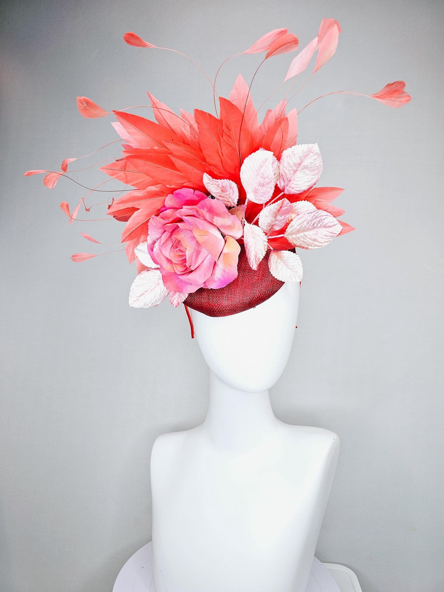 kentucky derby hat fascinator red burgundy wine sinamay with ombre pink satin rose flower,light pink leaves,coral orange branching feathers