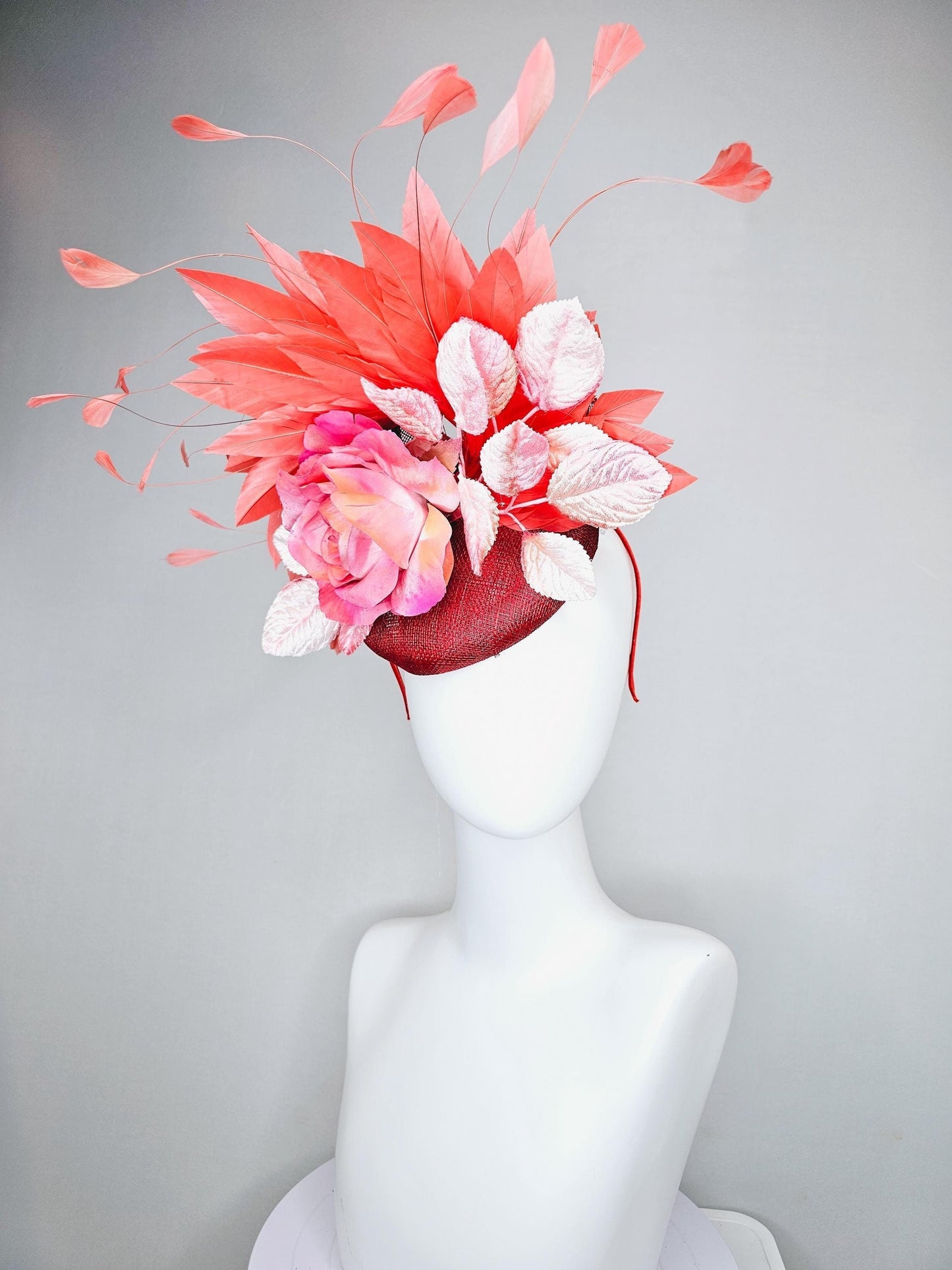 kentucky derby hat fascinator red burgundy wine sinamay with ombre pink satin rose flower,light pink leaves,coral orange branching feathers