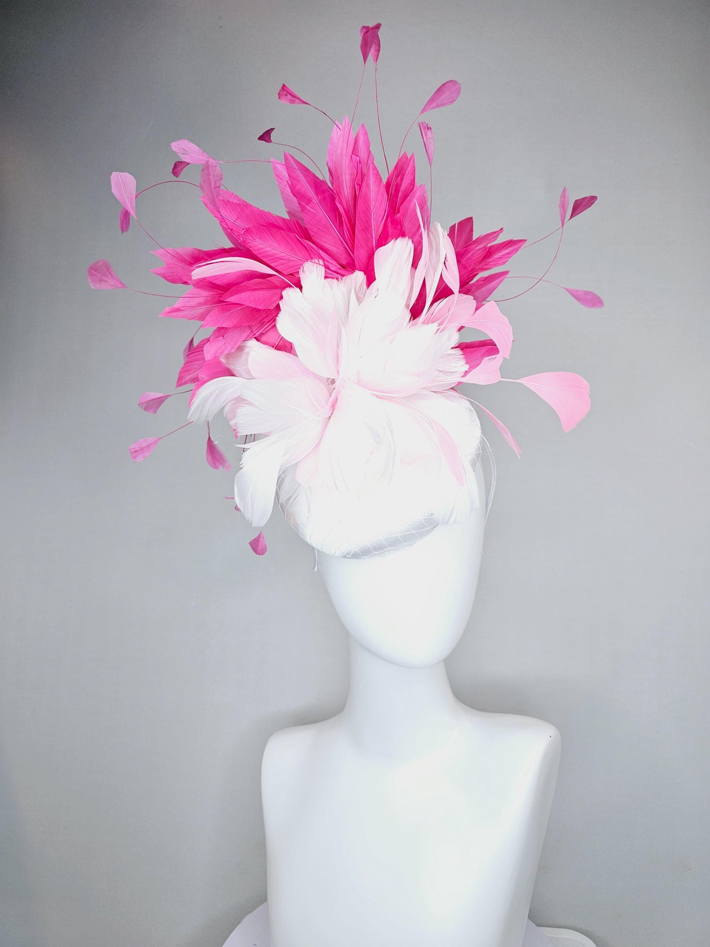 kentucky derby hat fascinator white satin with netting, fluffy white, blush pink, hot pink branching feathers