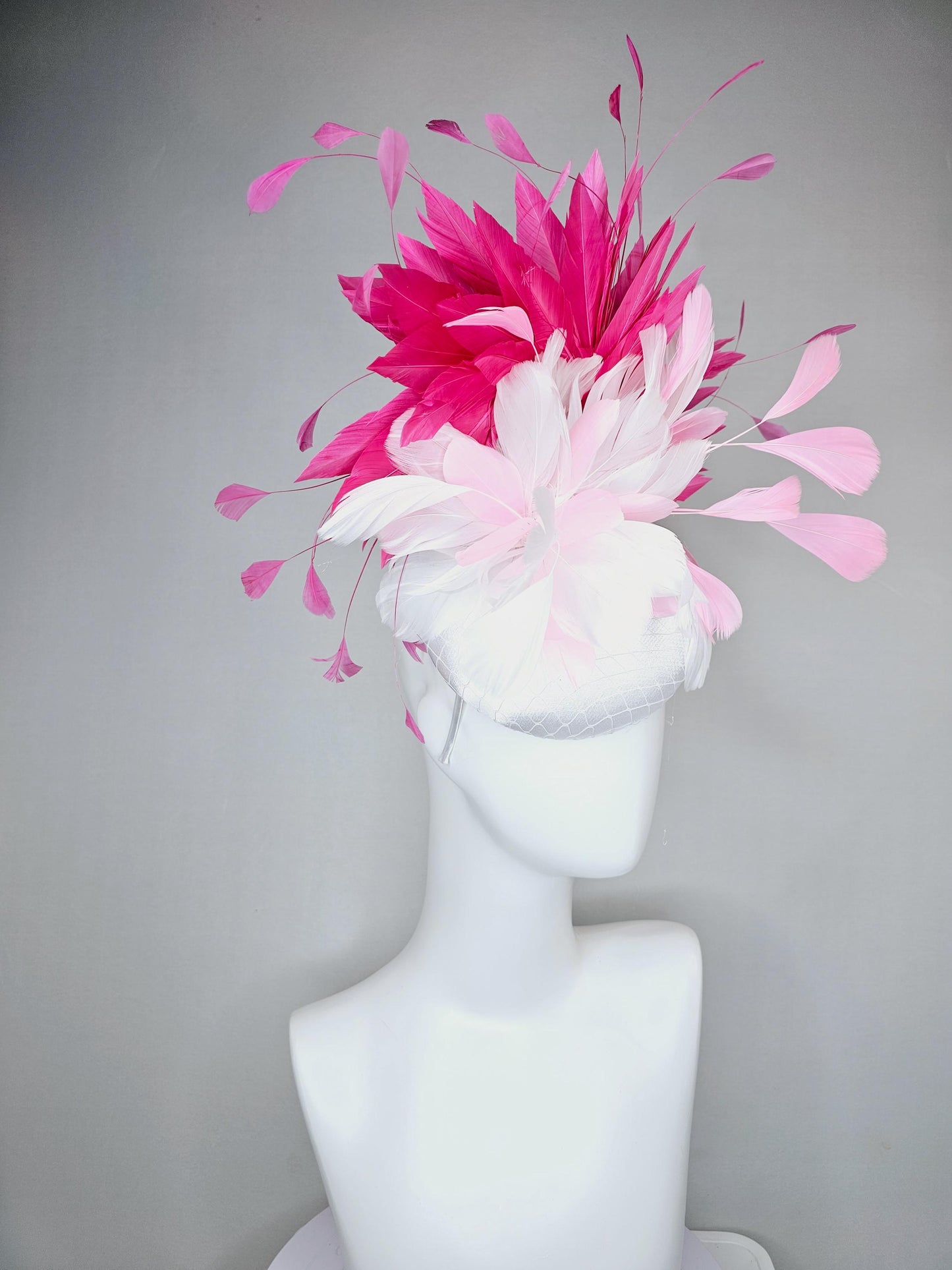 kentucky derby hat fascinator white satin with netting, fluffy white, blush pink, hot pink branching feathers