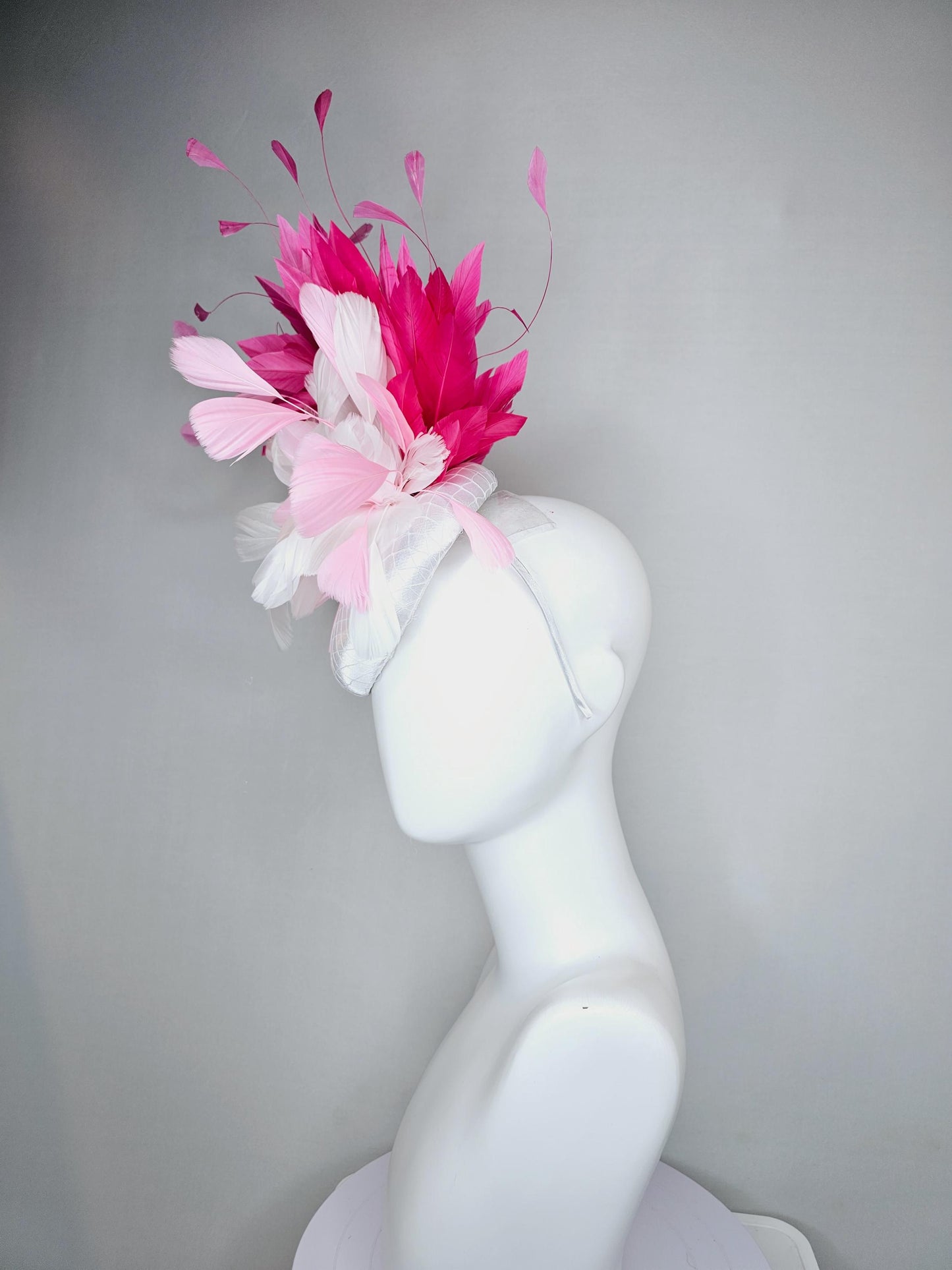 kentucky derby hat fascinator white satin with netting, fluffy white, blush pink, hot pink branching feathers