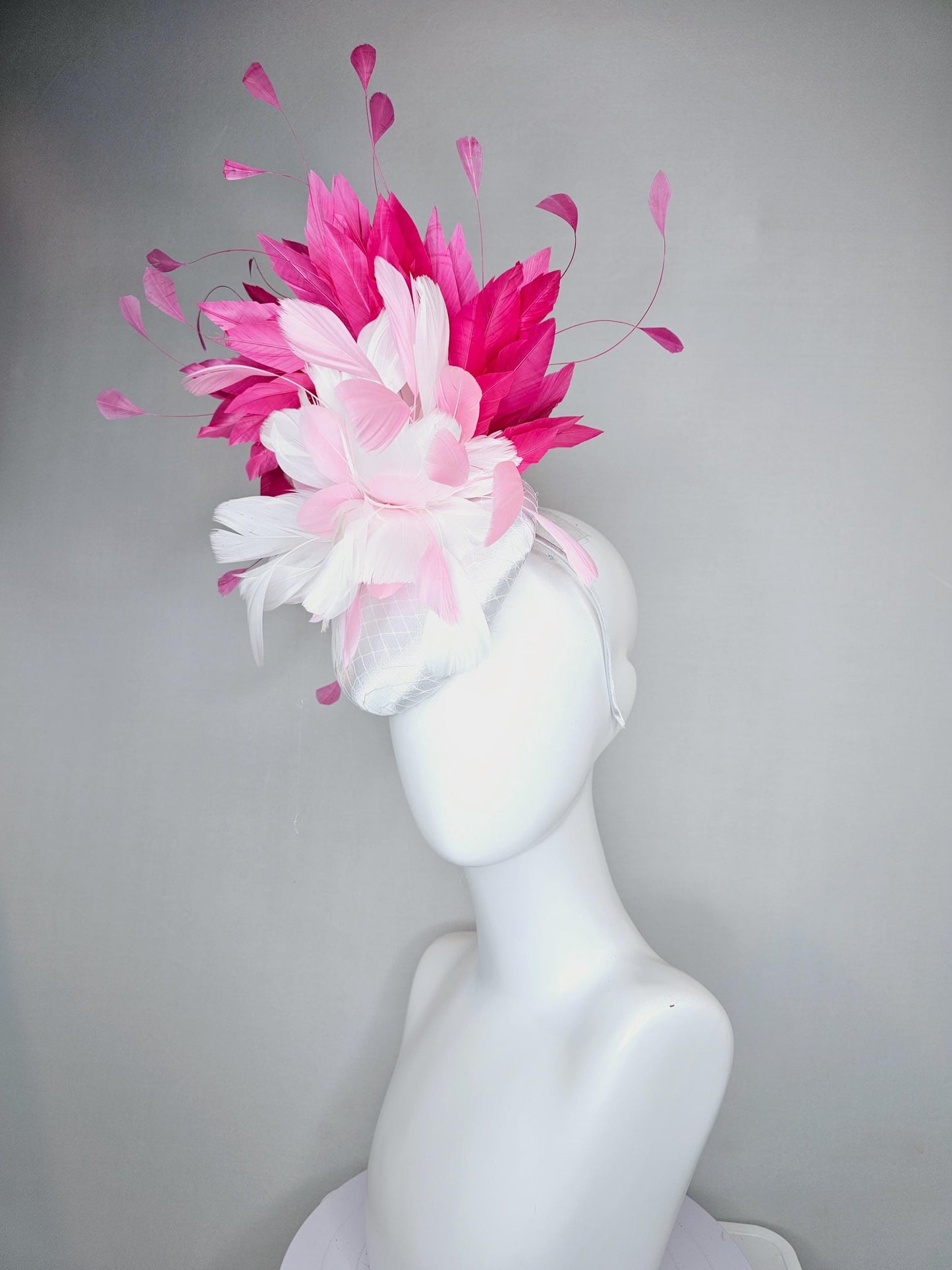 kentucky derby hat fascinator white satin with netting, fluffy white, blush pink, hot pink branching feathers