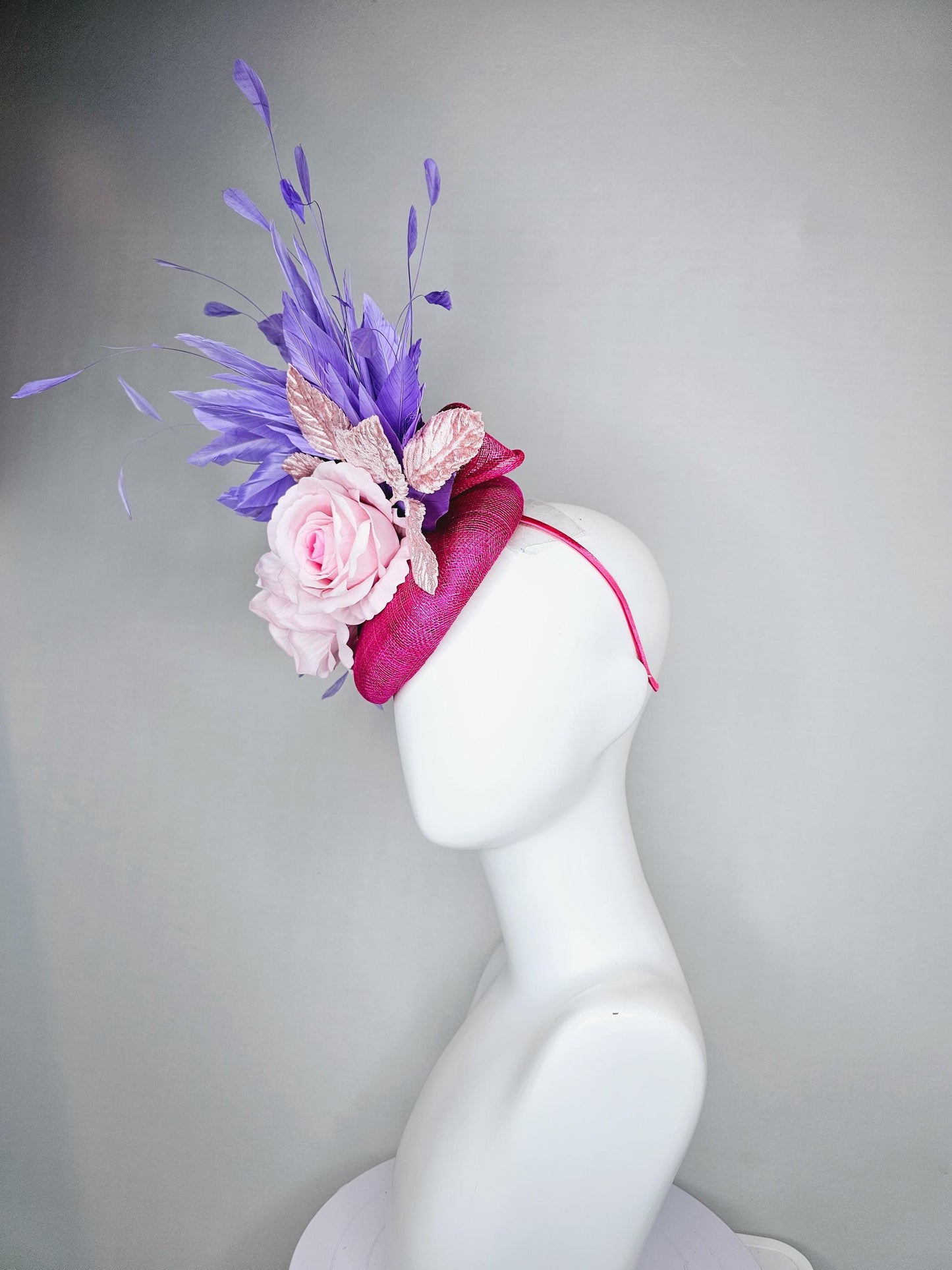 kentucky derby hat fascinator hot pink sinamay with light pink satin rose flowers, light pink leaves, purple lavender branching feathers