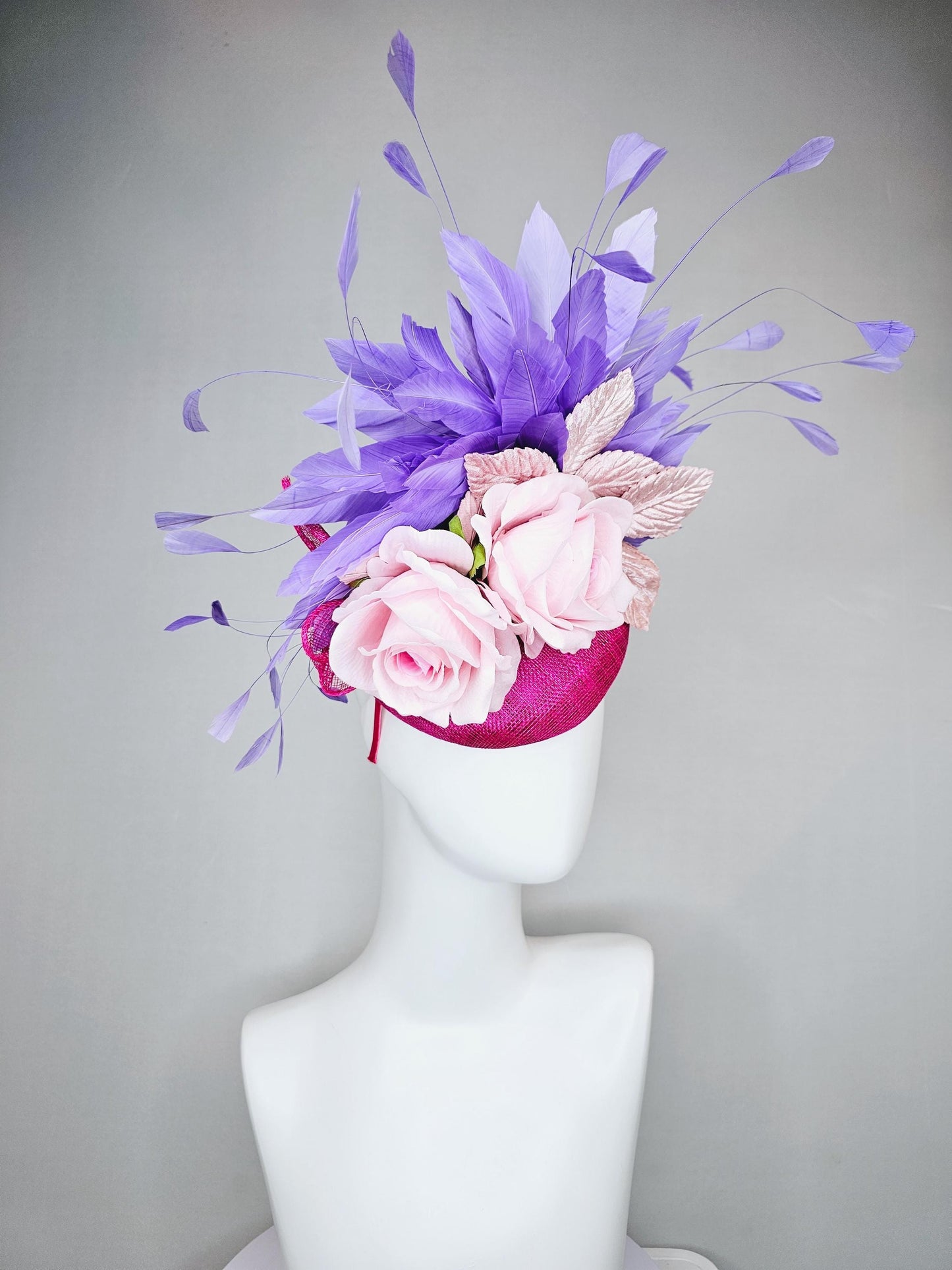 kentucky derby hat fascinator hot pink sinamay with light pink satin rose flowers, light pink leaves, purple lavender branching feathers