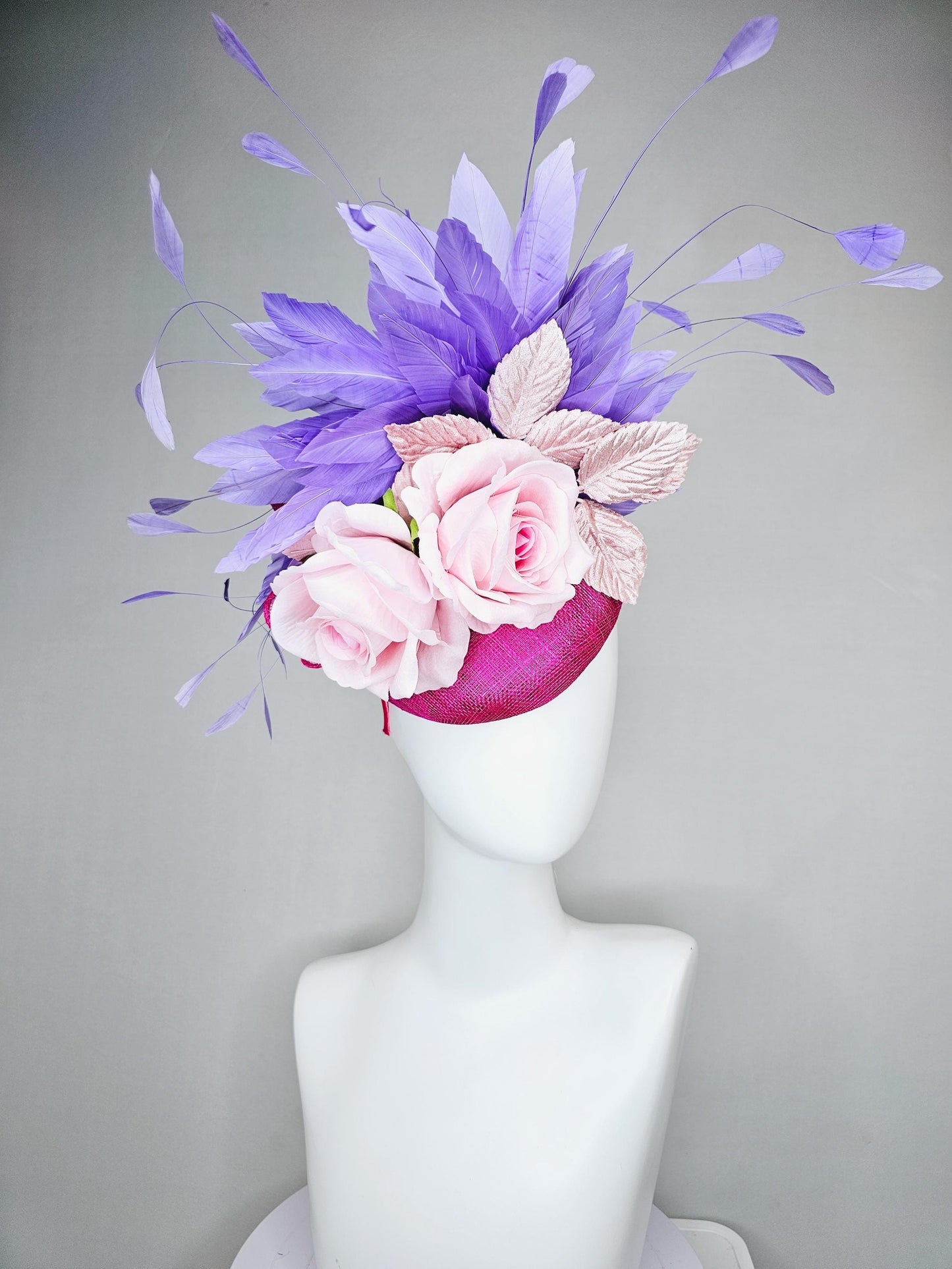 kentucky derby hat fascinator hot pink sinamay with light pink satin rose flowers, light pink leaves, purple lavender branching feathers