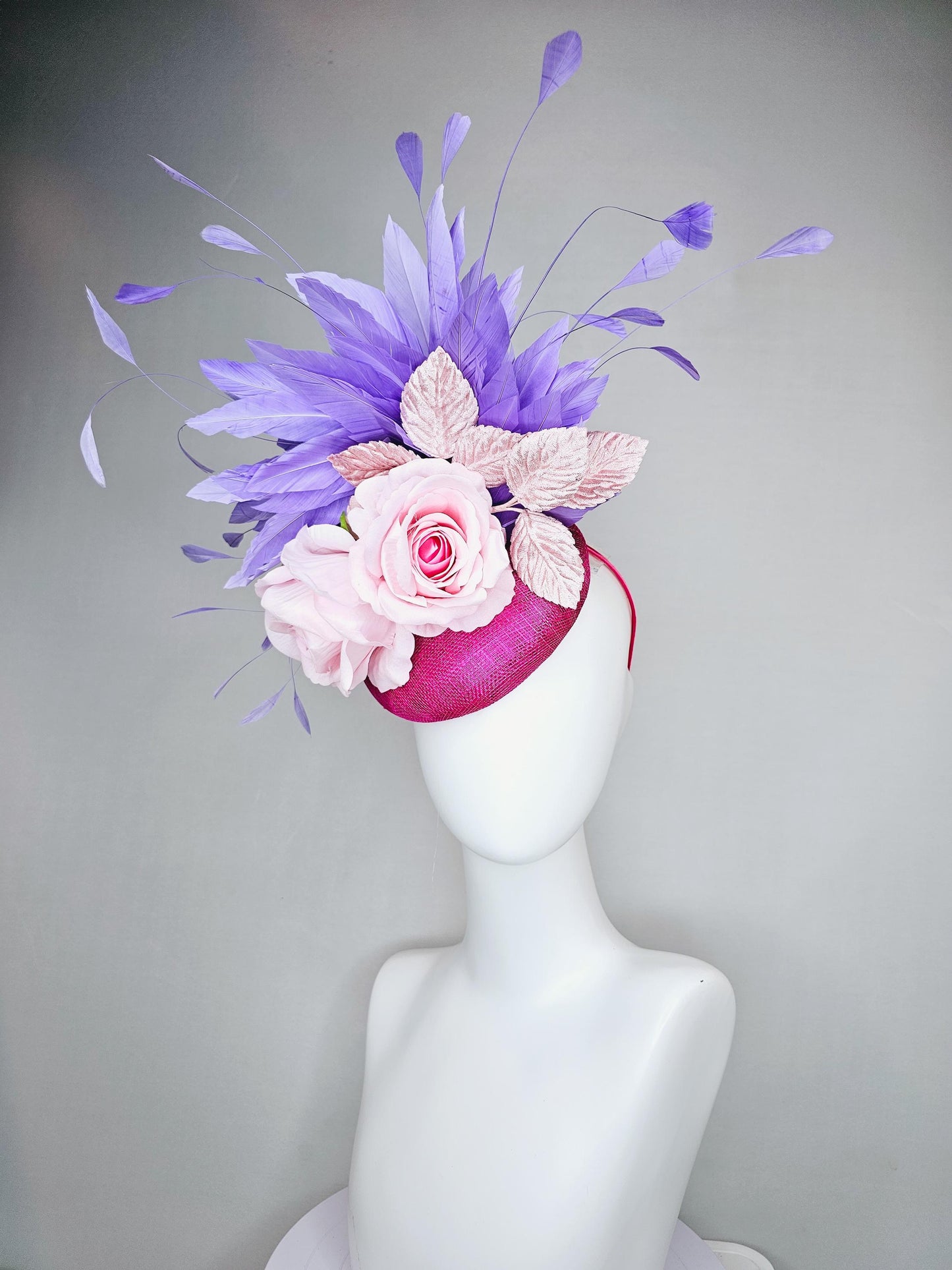 kentucky derby hat fascinator hot pink sinamay with light pink satin rose flowers, light pink leaves, purple lavender branching feathers