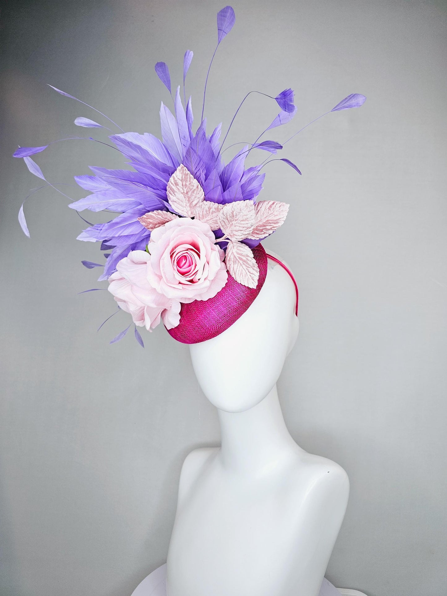 kentucky derby hat fascinator hot pink sinamay with light pink satin rose flowers, light pink leaves, purple lavender branching feathers