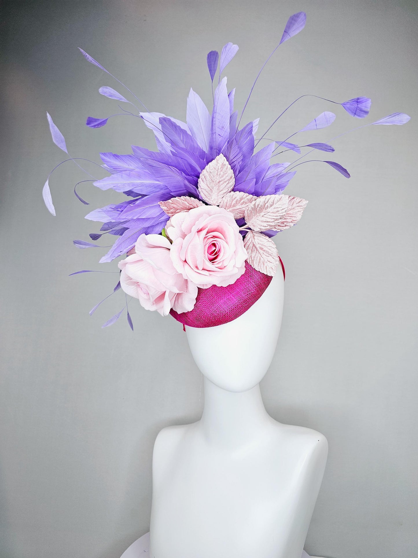 kentucky derby hat fascinator hot pink sinamay with light pink satin rose flowers, light pink leaves, purple lavender branching feathers