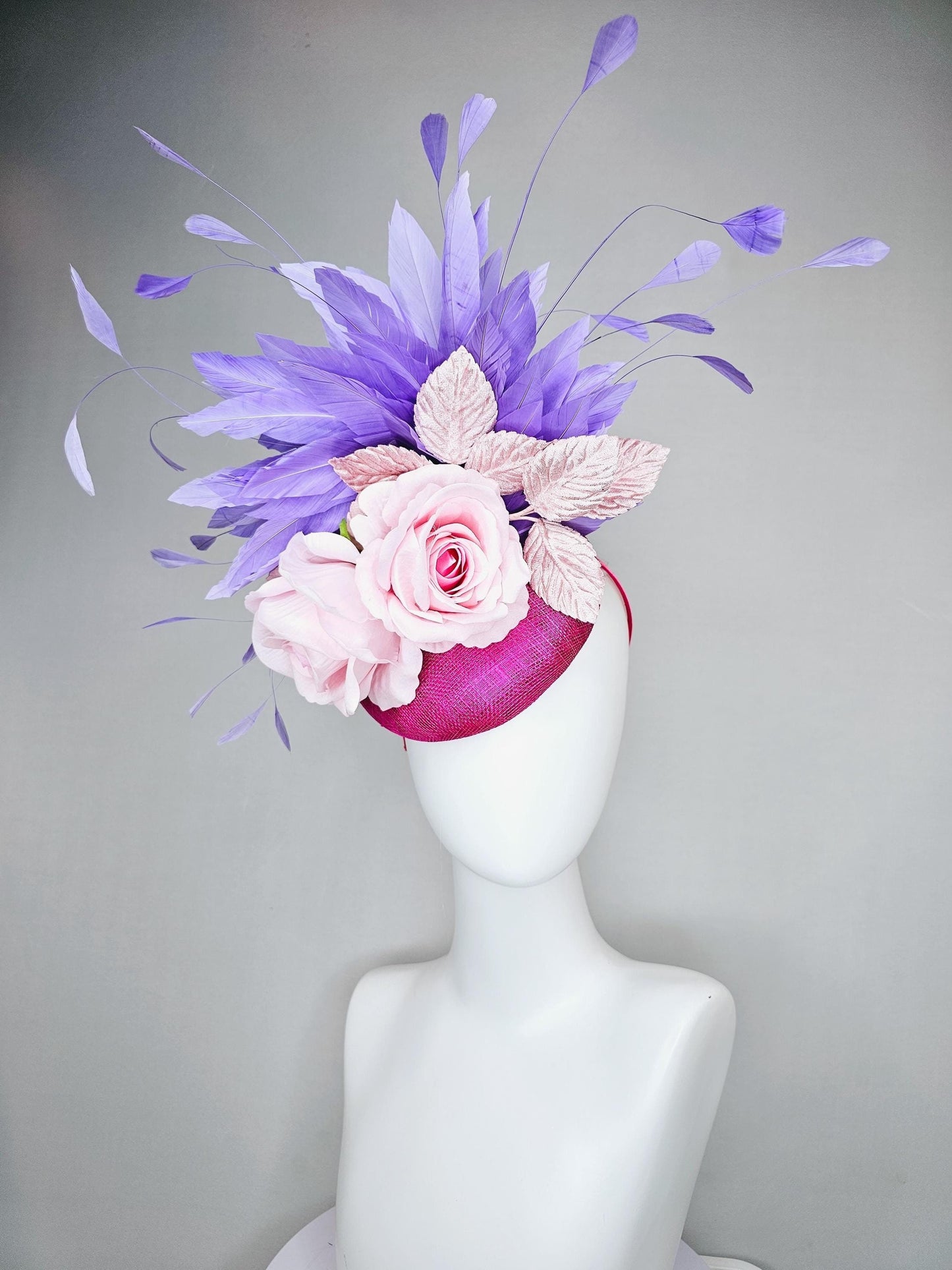 kentucky derby hat fascinator hot pink sinamay with light pink satin rose flowers, light pink leaves, purple lavender branching feathers