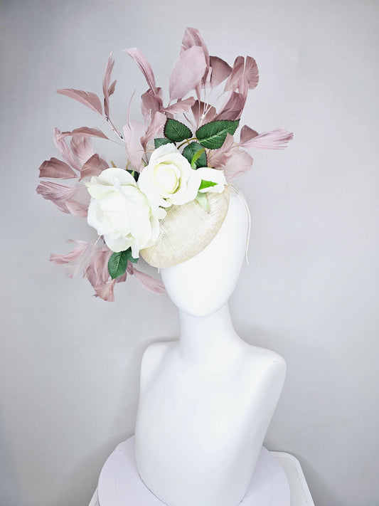 kentucky derby hat fascinator neutral beige sinamay with white ivory silk satin rose flowers, green leaves, beige taupe branching feathers