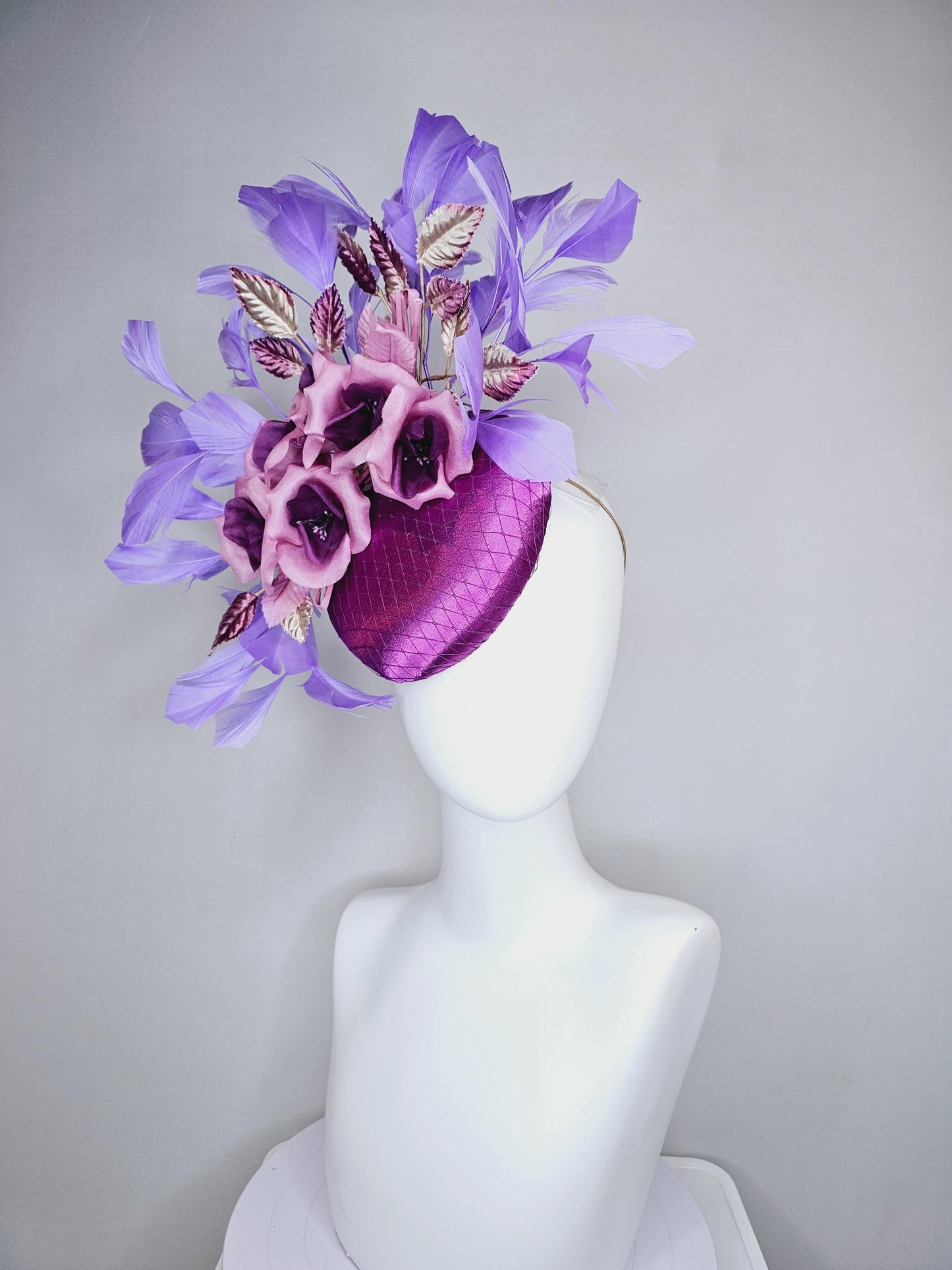 kentucky derby hat fascinator purple satin with netting,purple lilac satin flowers, ombre purple leaves, purple lavender branching feathers