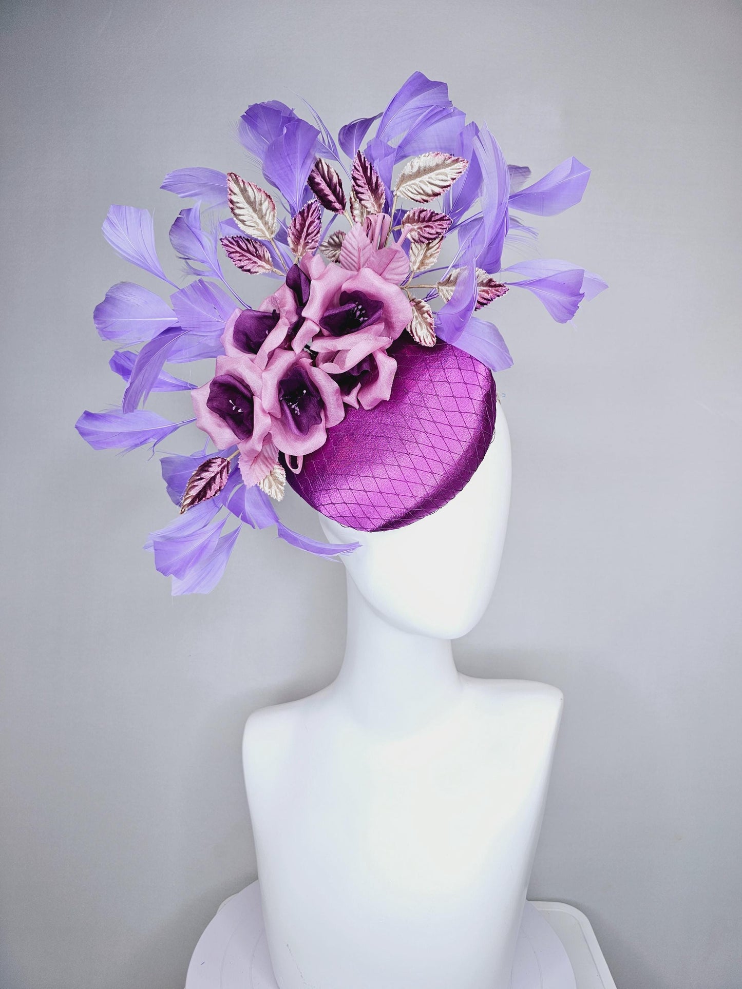 kentucky derby hat fascinator purple satin with netting,purple lilac satin flowers, ombre purple leaves, purple lavender branching feathers