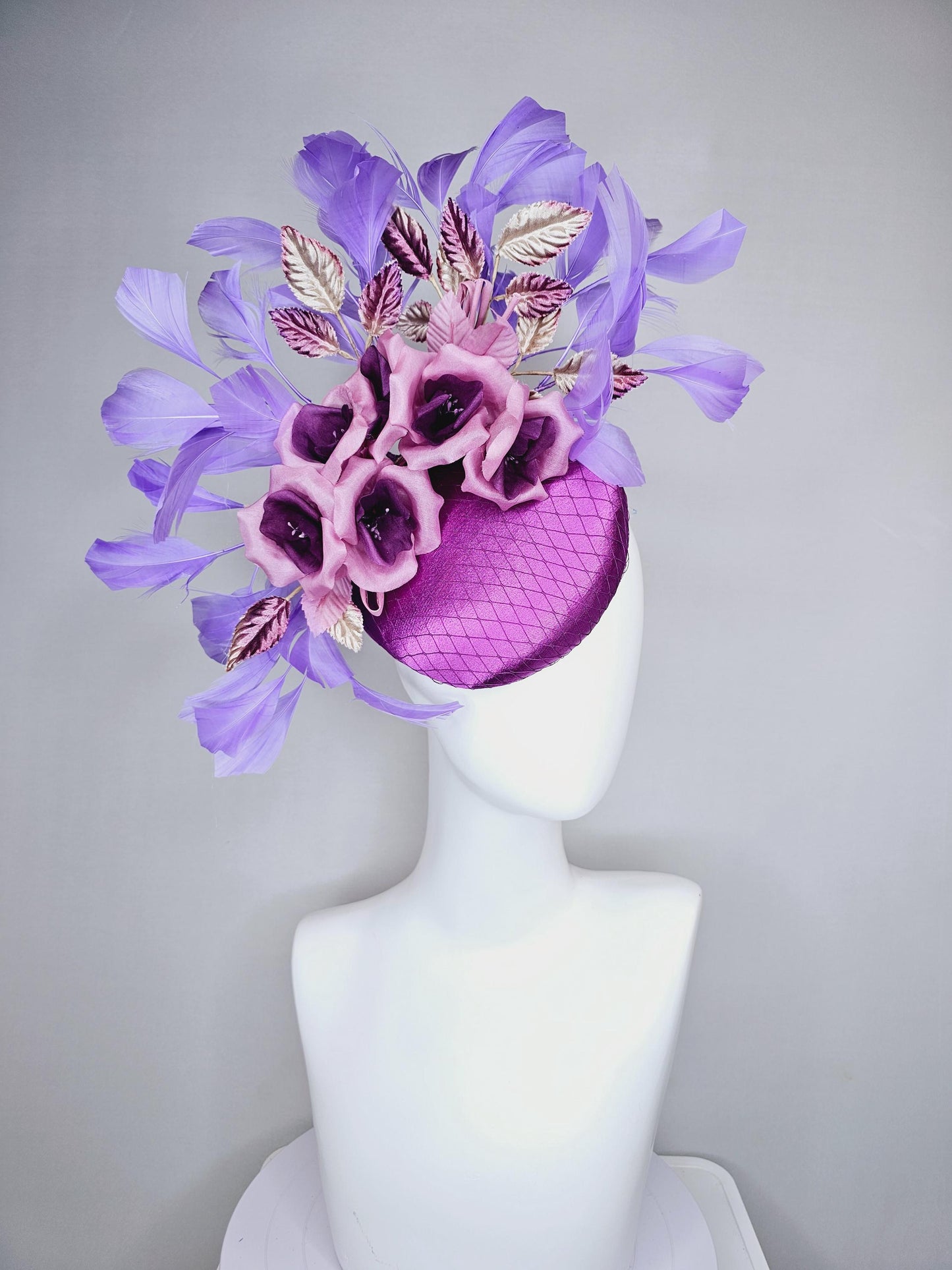 kentucky derby hat fascinator purple satin with netting,purple lilac satin flowers, ombre purple leaves, purple lavender branching feathers