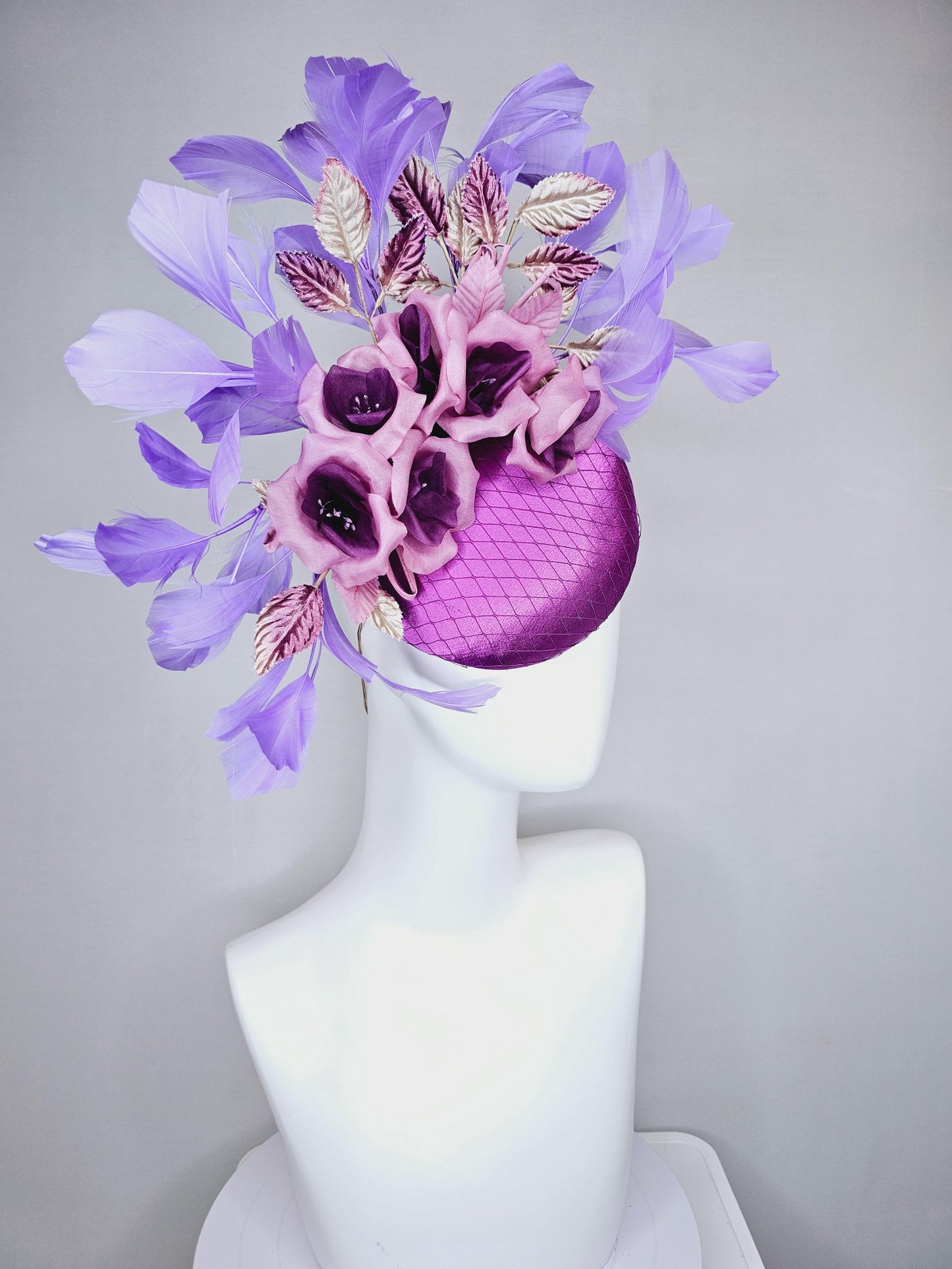 kentucky derby hat fascinator purple satin with netting,purple lilac satin flowers, ombre purple leaves, purple lavender branching feathers