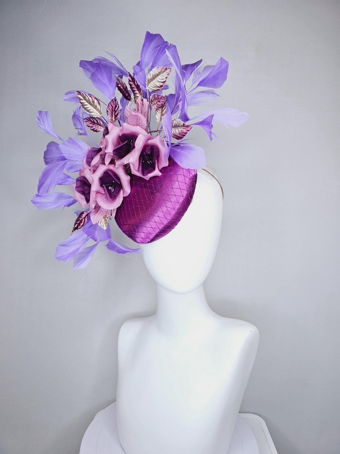 kentucky derby hat fascinator purple satin with netting,purple lilac satin flowers, ombre purple leaves, purple lavender branching feathers