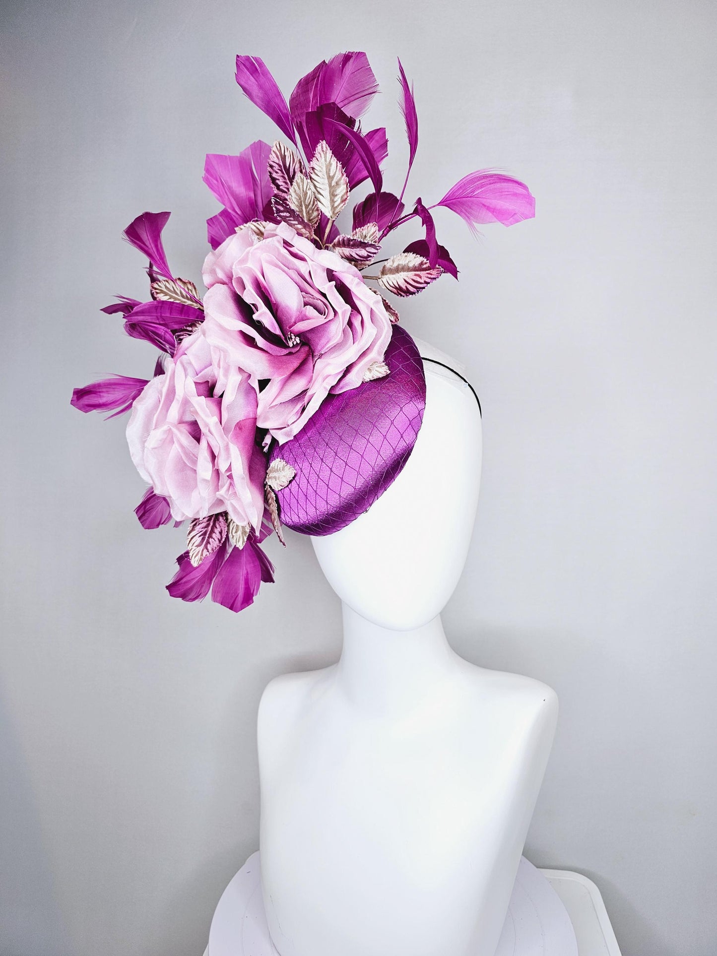 kentucky derby hat fascinator purple satin with netting, ombre purple lilac satin flowers, ombre purple leaves, purple branching feathers