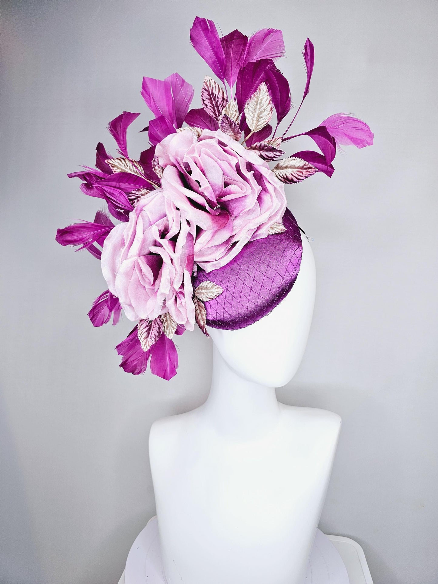 kentucky derby hat fascinator purple satin with netting, ombre purple lilac satin flowers, ombre purple leaves, purple branching feathers