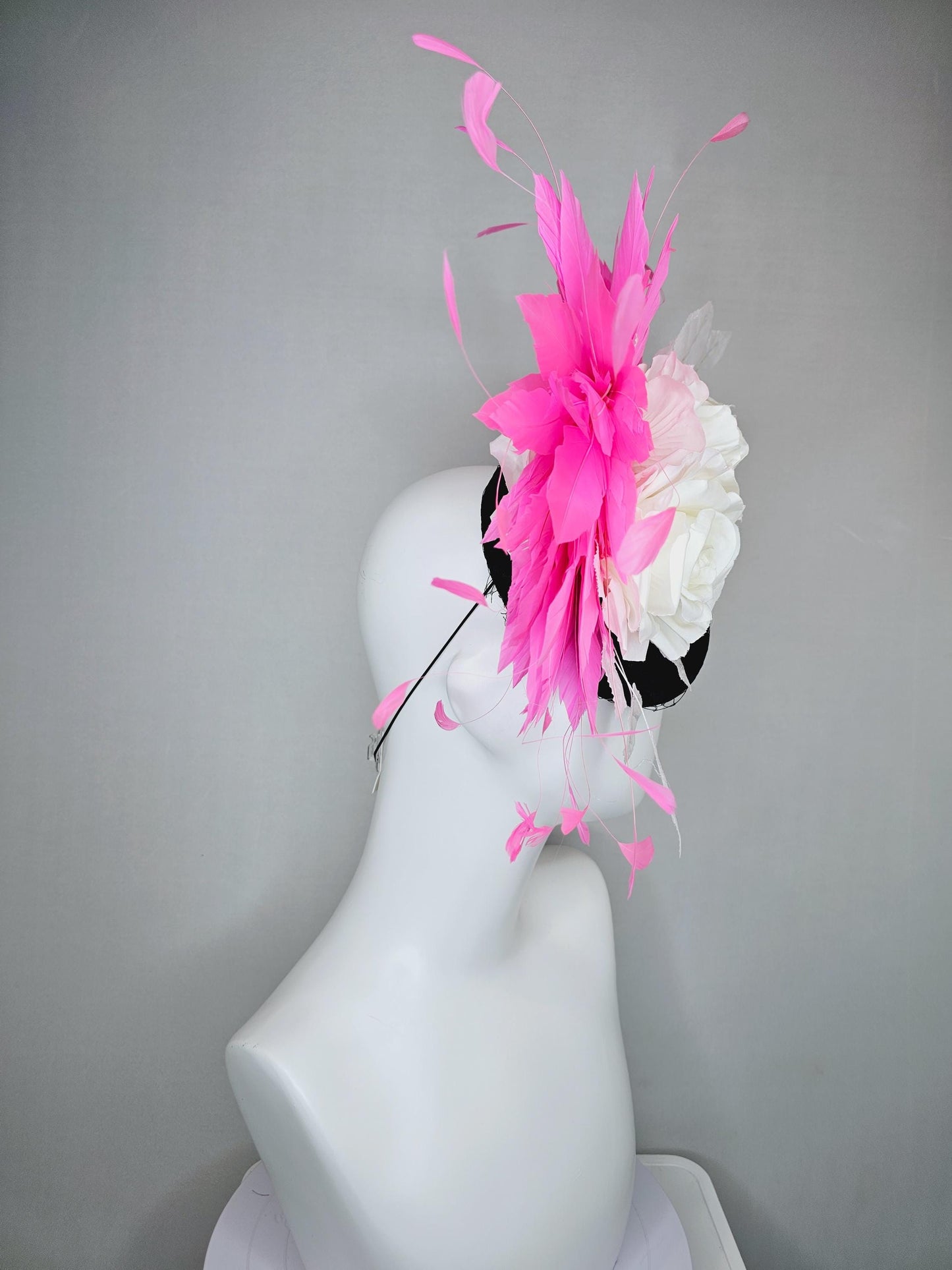 kentucky derby hat fascinator black satin with netting, white ivory satin silk rose flowers, white leaves, blush pink branching feathers