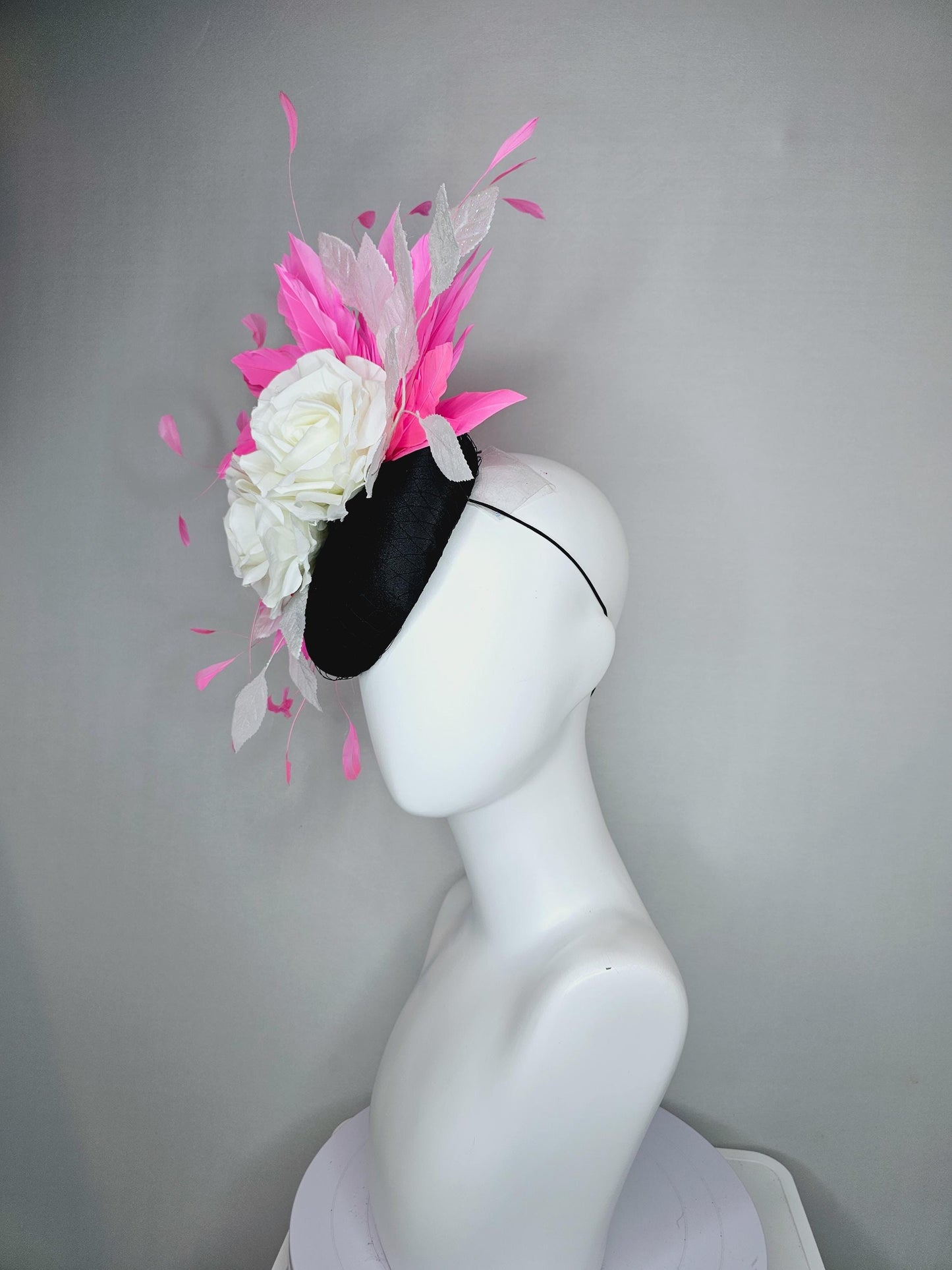 kentucky derby hat fascinator black satin with netting, white ivory satin silk rose flowers, white leaves, blush pink branching feathers