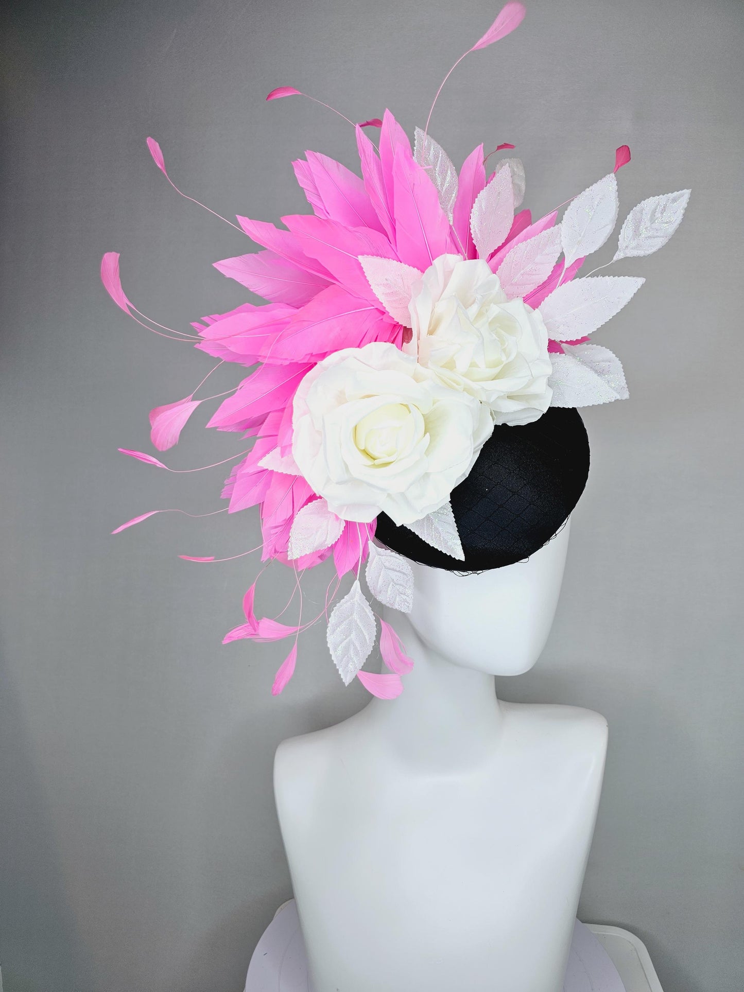 kentucky derby hat fascinator black satin with netting, white ivory satin silk rose flowers, white leaves, blush pink branching feathers