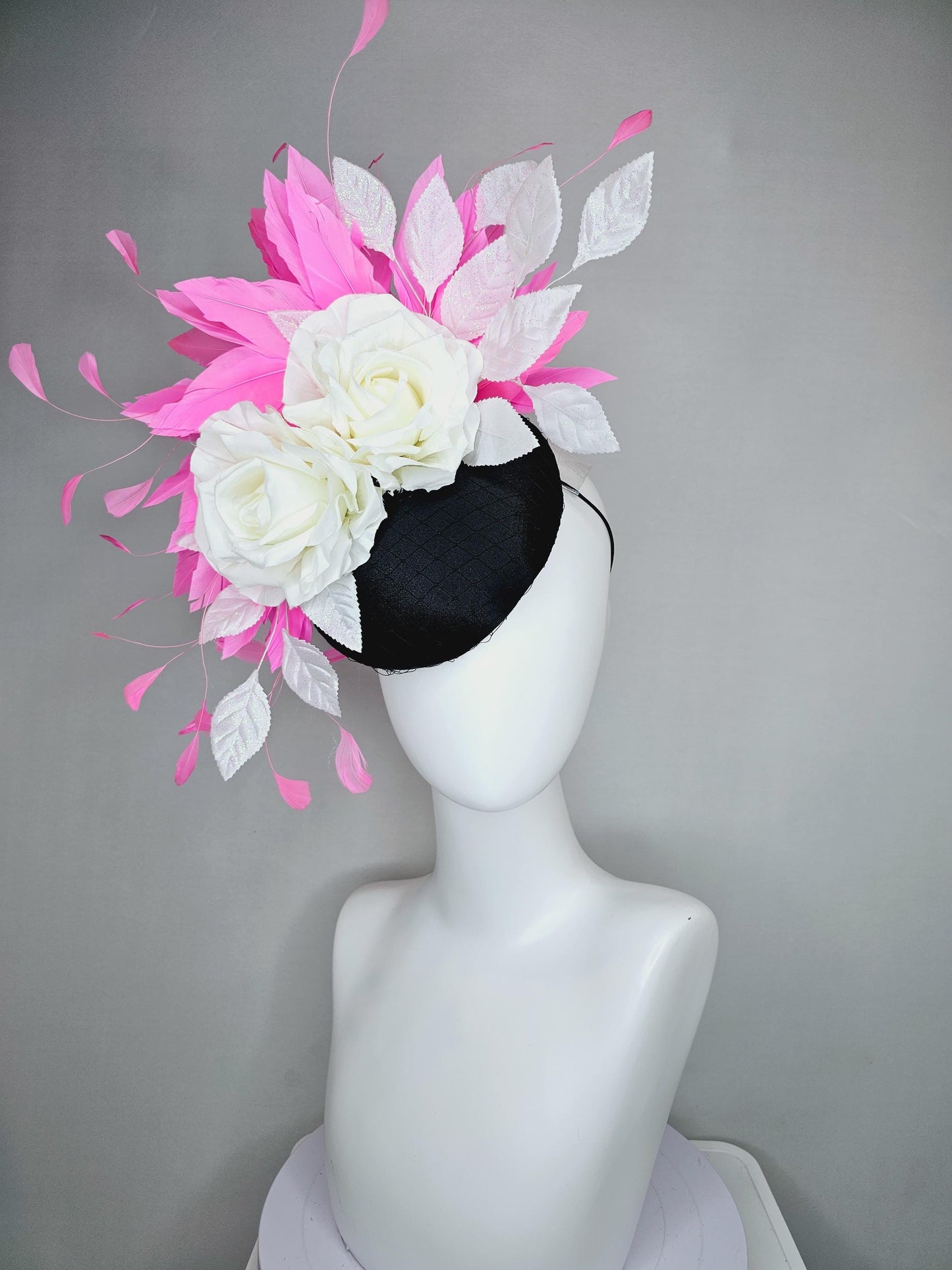 kentucky derby hat fascinator black satin with netting, white ivory satin silk rose flowers, white leaves, blush pink branching feathers