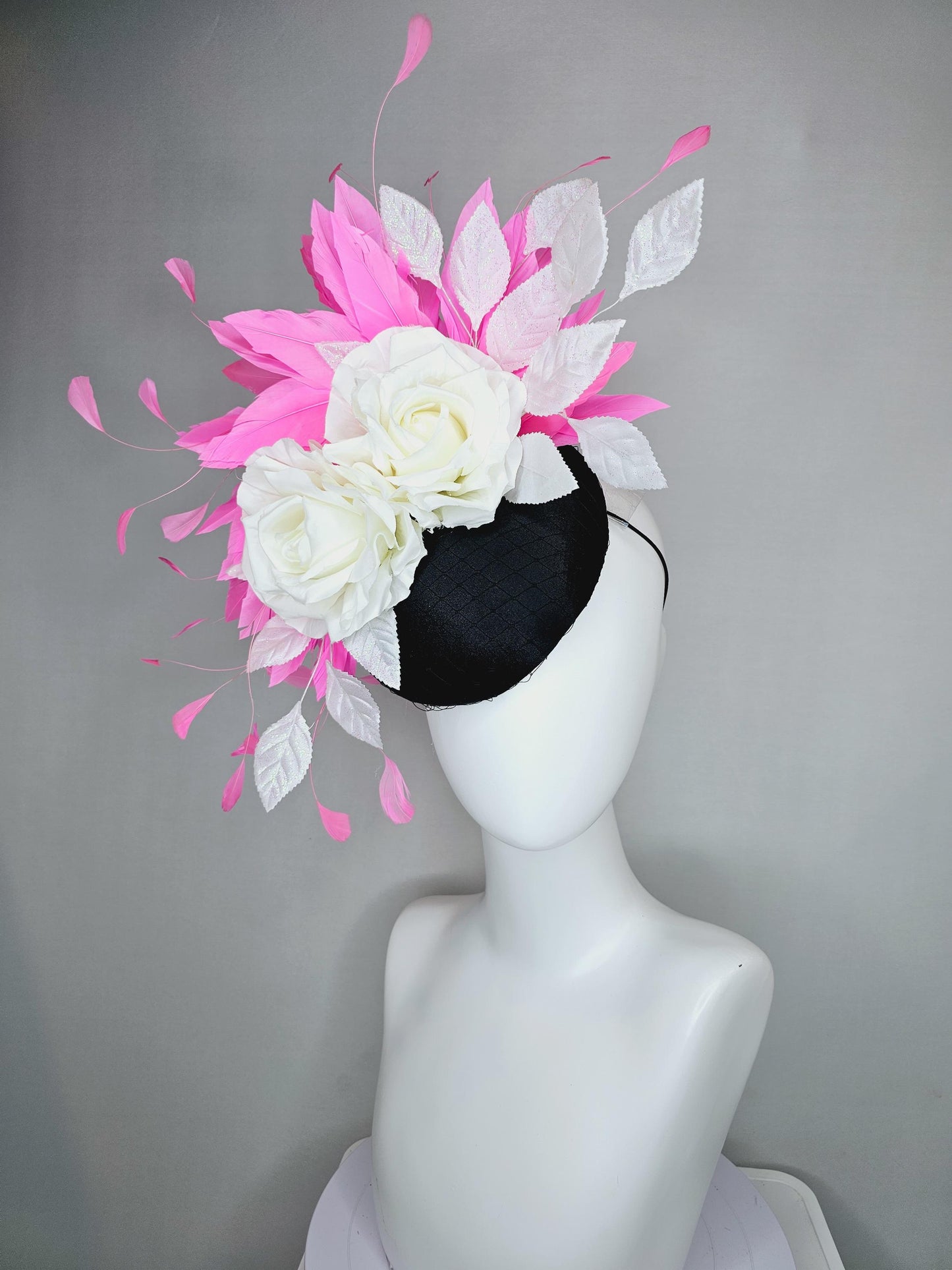 kentucky derby hat fascinator black satin with netting, white ivory satin silk rose flowers, white leaves, blush pink branching feathers