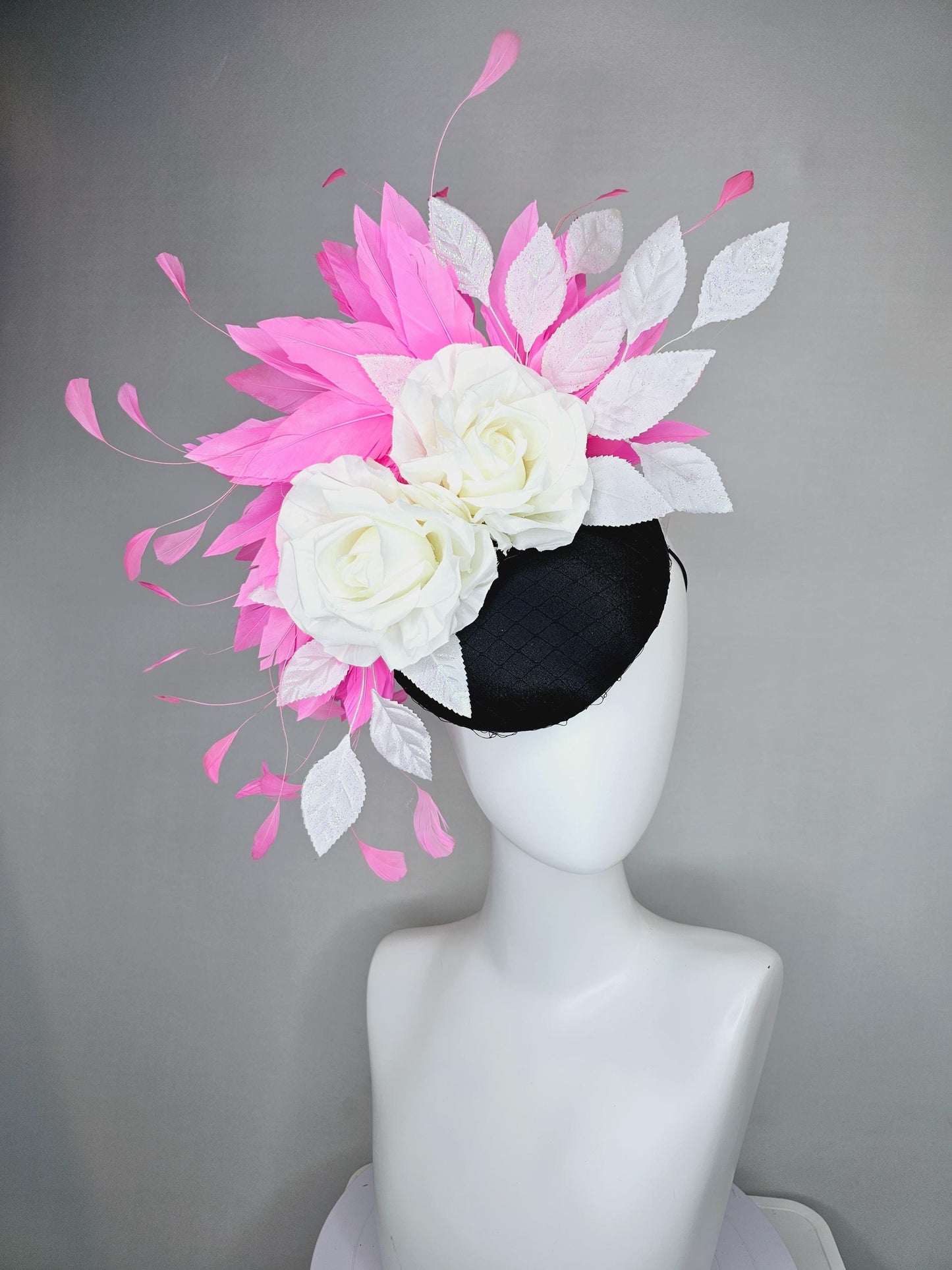 kentucky derby hat fascinator black satin with netting, white ivory satin silk rose flowers, white leaves, blush pink branching feathers